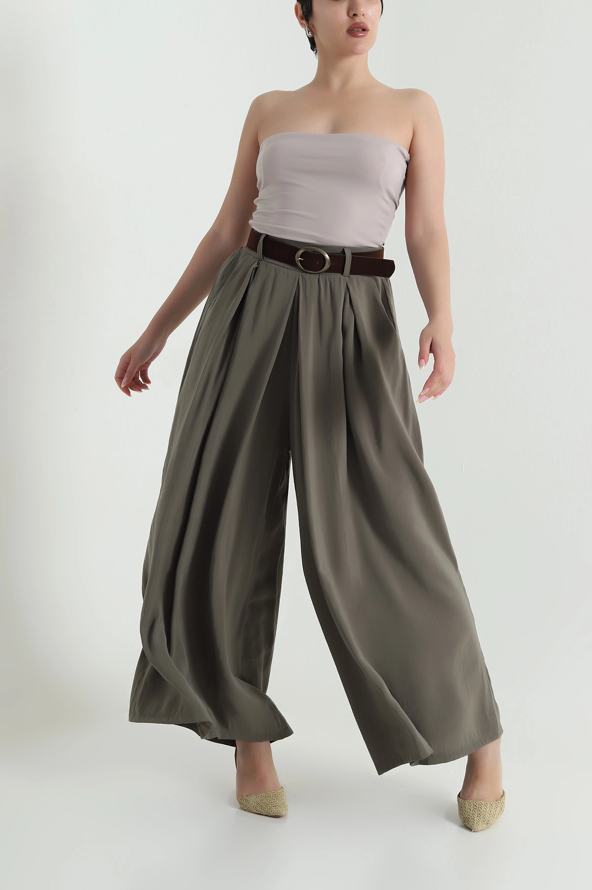 Haki Tencel Pileli Kadın Pantolon 465928