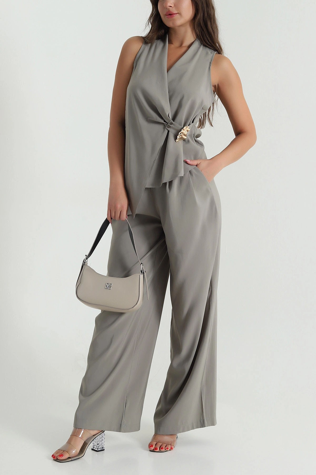 Haki Tokalı Tencel Bluz Pantolon Kadın İkili Takım 472322