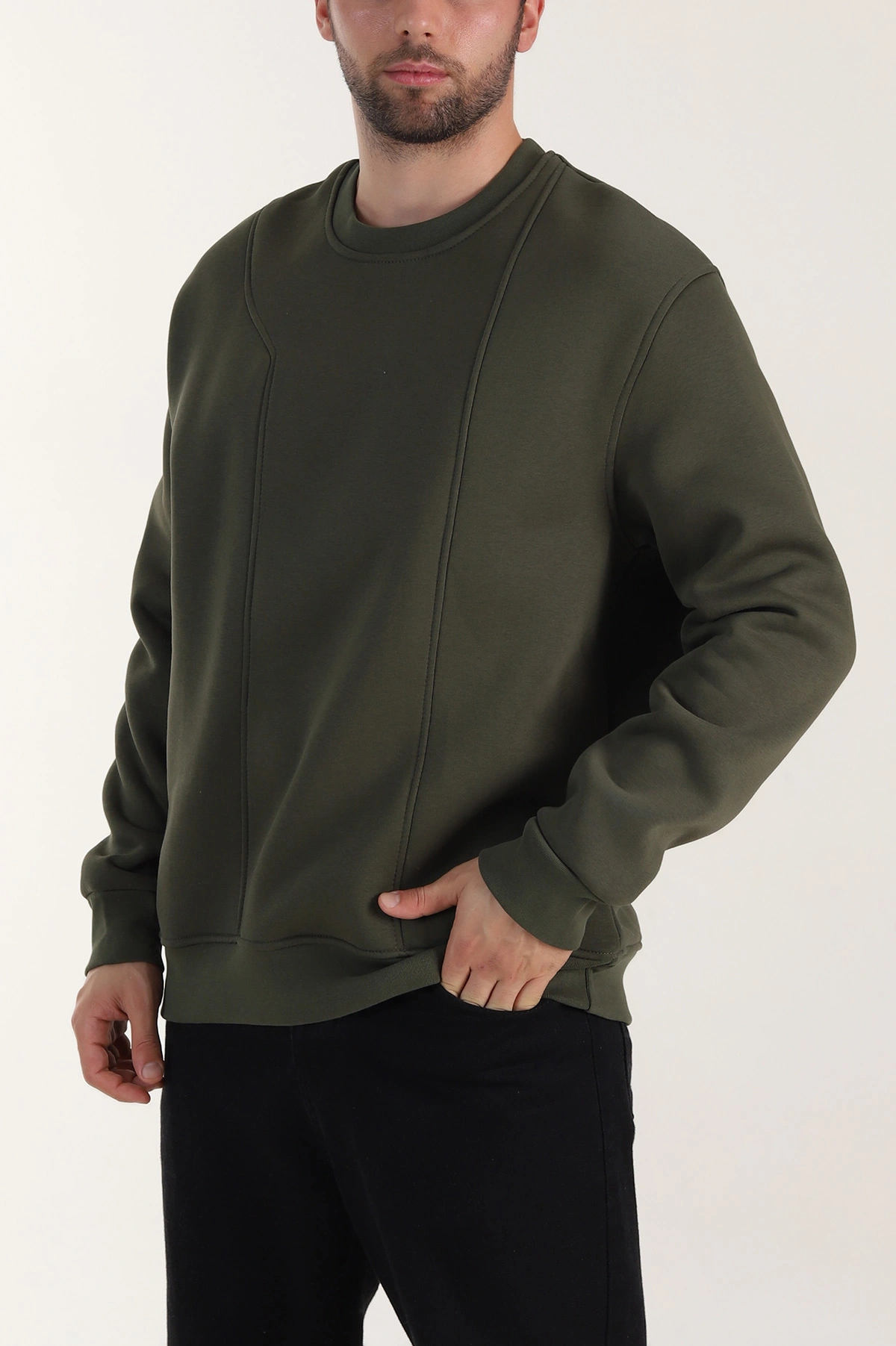 Haki Üç İp Şardonlu Bisiklet Yaka Erkek Sweatshirt 410903