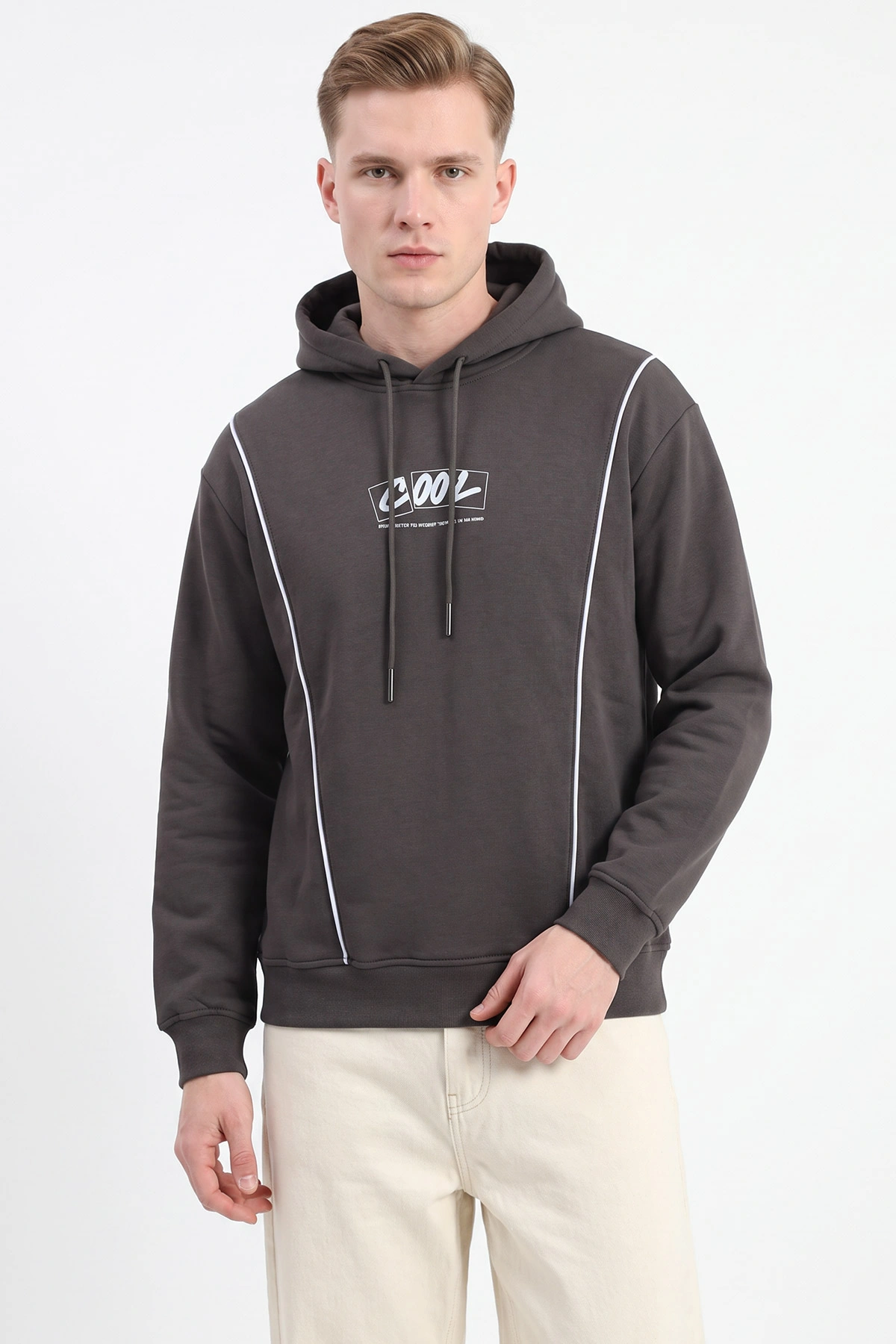 Haki Üç İp Şardonlu Kapüşonlu Erkek Sweatshirt 500073