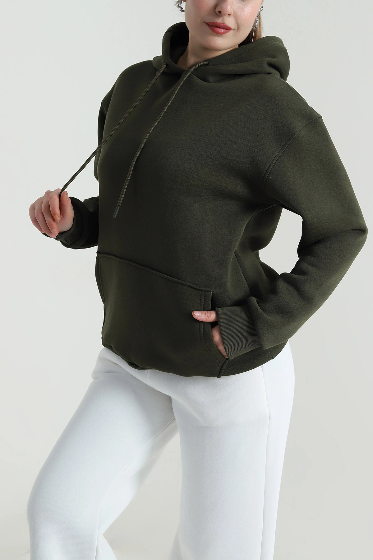 Haki Üç İplik Şardonlu Kadın Sweat 496728