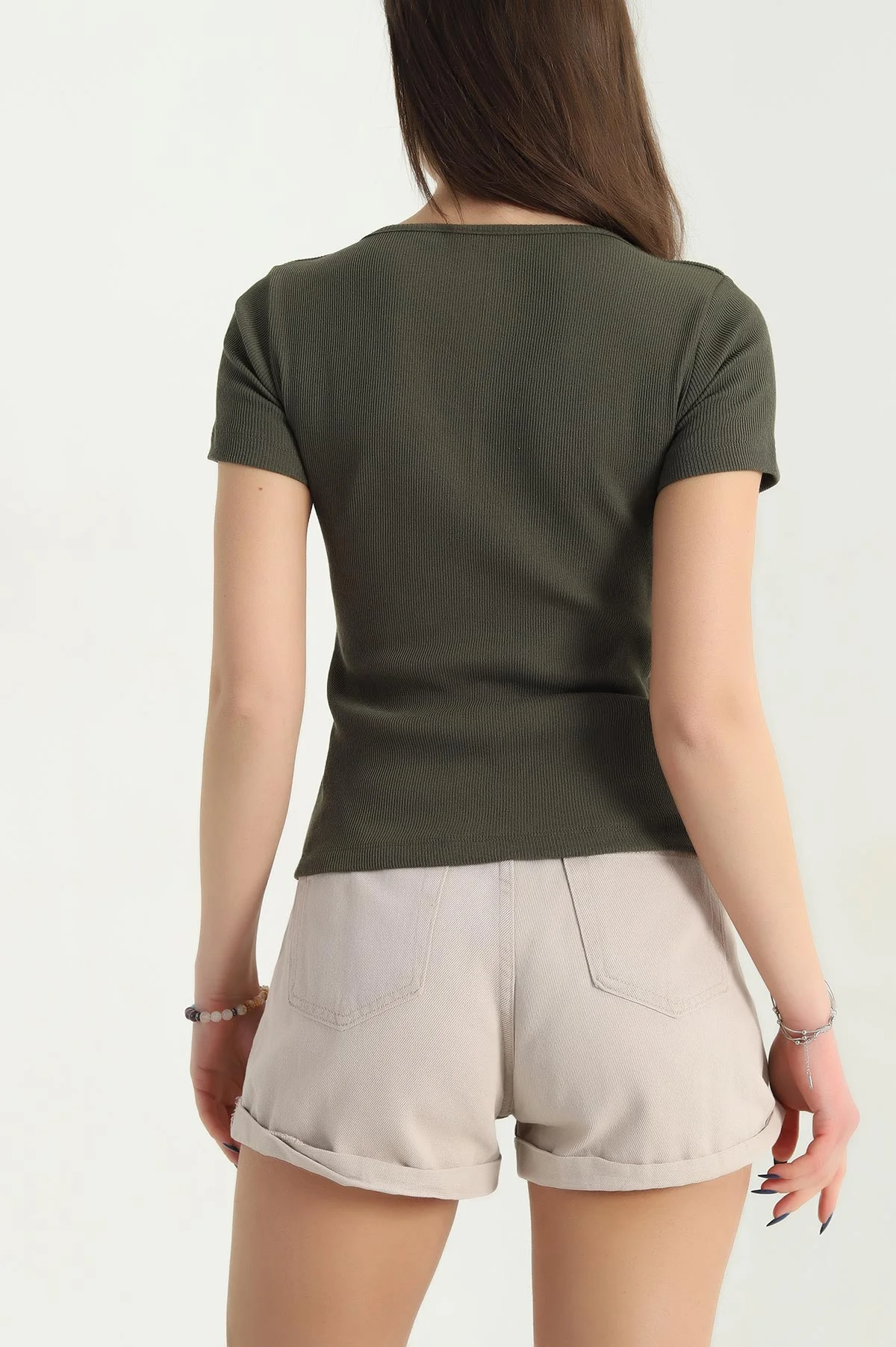Haki V Detay Likralı Kaşkorse Bluz 340368