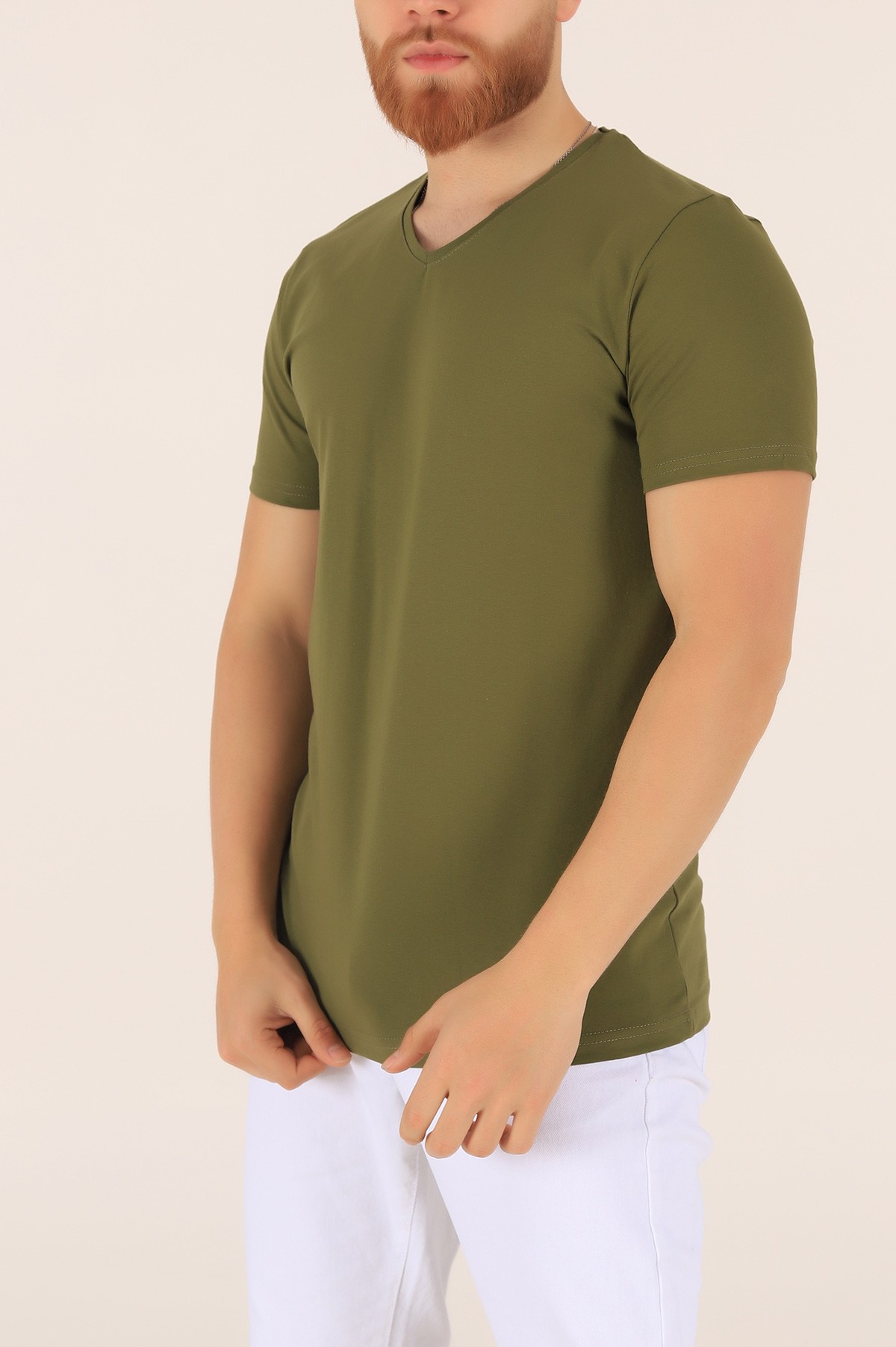 Haki V Yaka Basic Erkek Tişört 169565