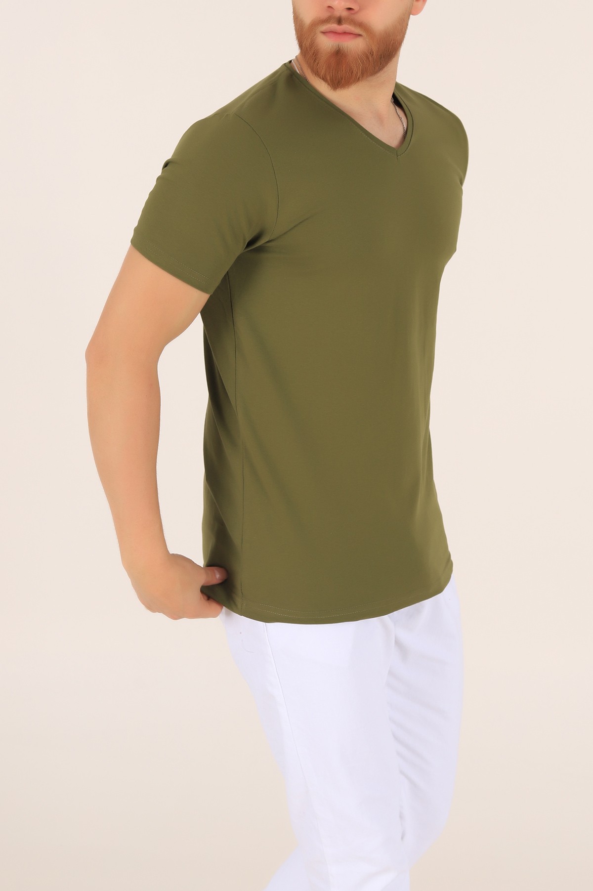 Haki V Yaka Basic Erkek Tişört 169565