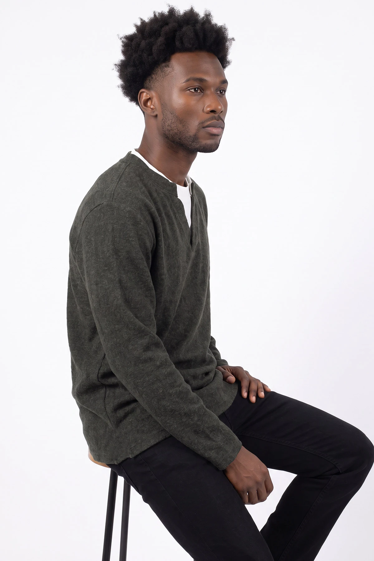 Haki V Yaka Triko Erkek Sweatshirt 492019