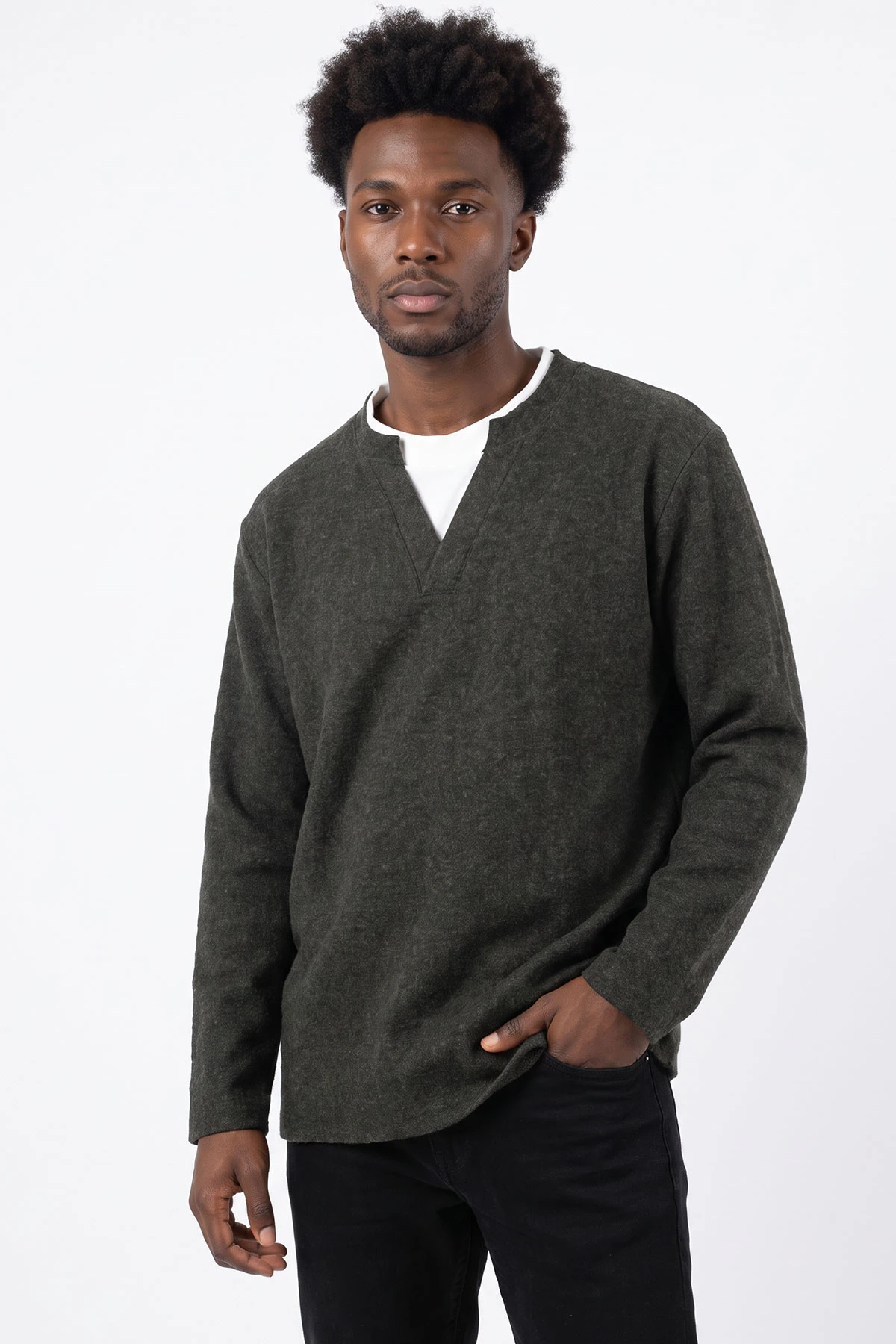 Haki V Yaka Triko Erkek Sweatshirt 492019