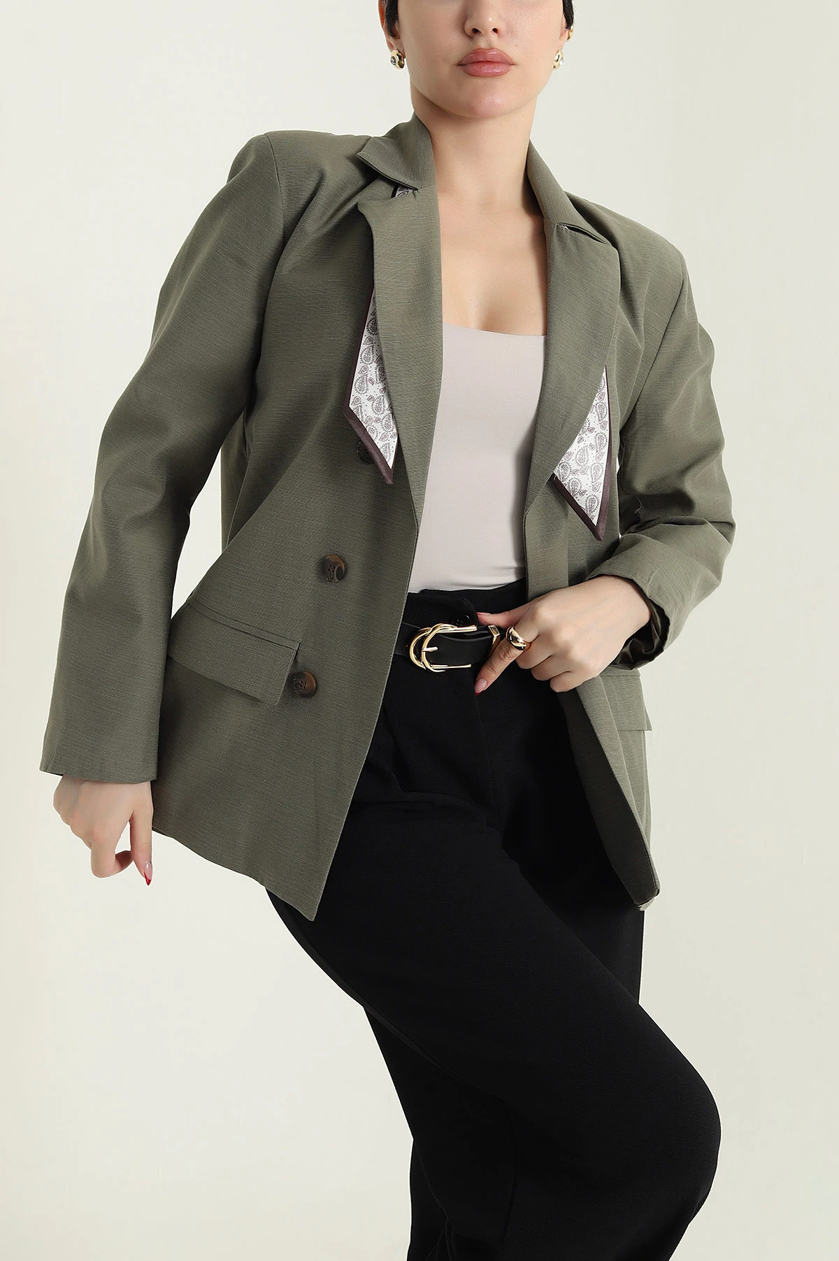 Haki Vatkalı Keten Blazer Kadın Ceket 435719