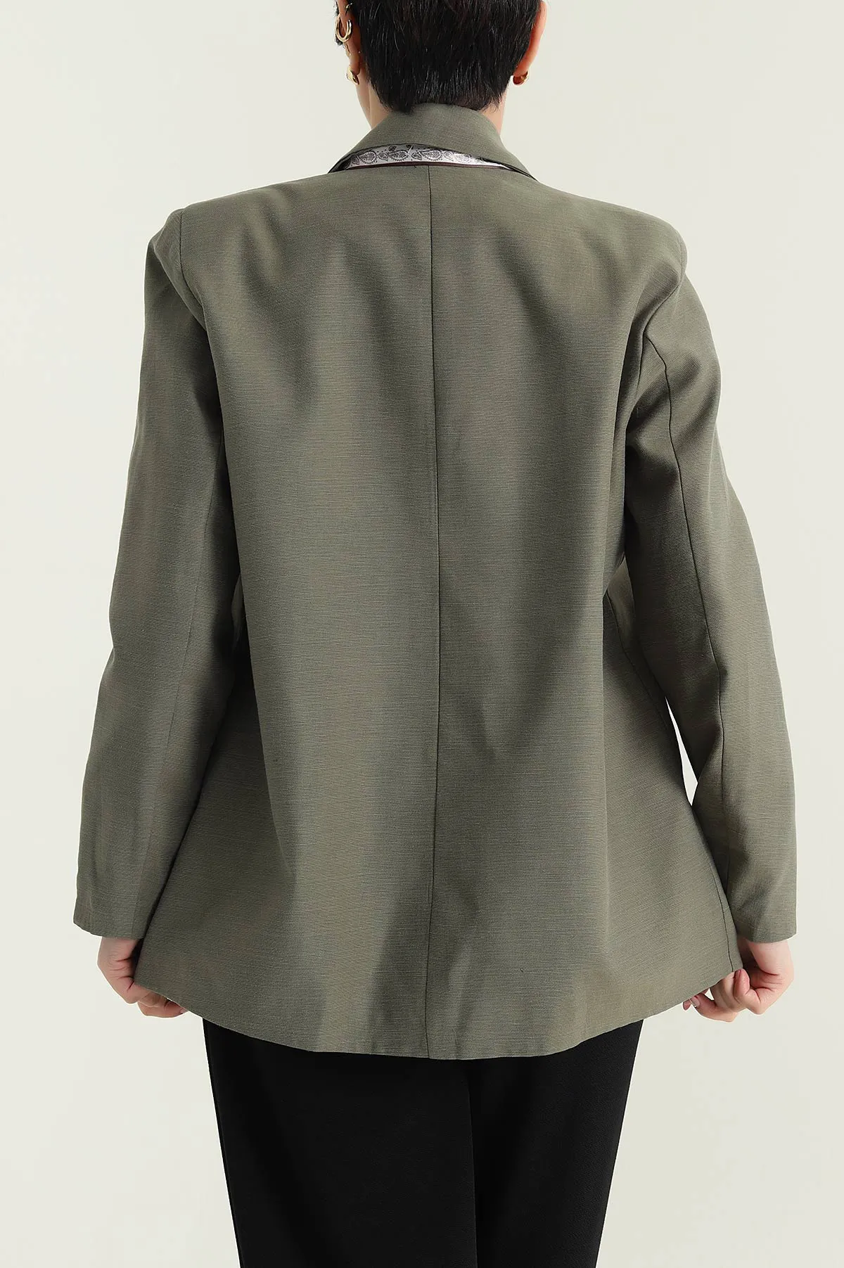 Haki Vatkalı Keten Blazer Kadın Ceket 435719