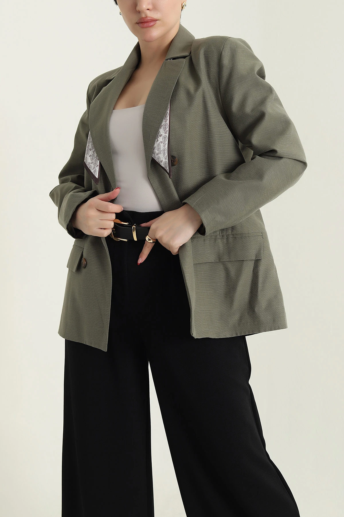 Haki Vatkalı Keten Blazer Kadın Ceket 435719