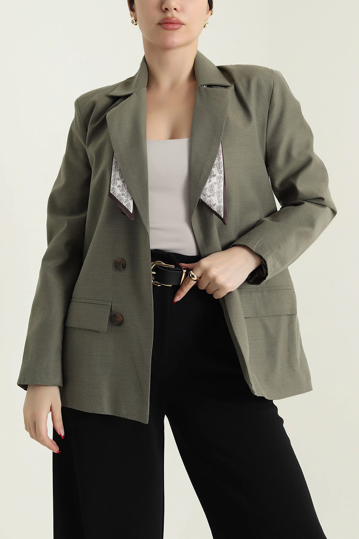 Haki Vatkalı Keten Blazer Kadın Ceket 435719