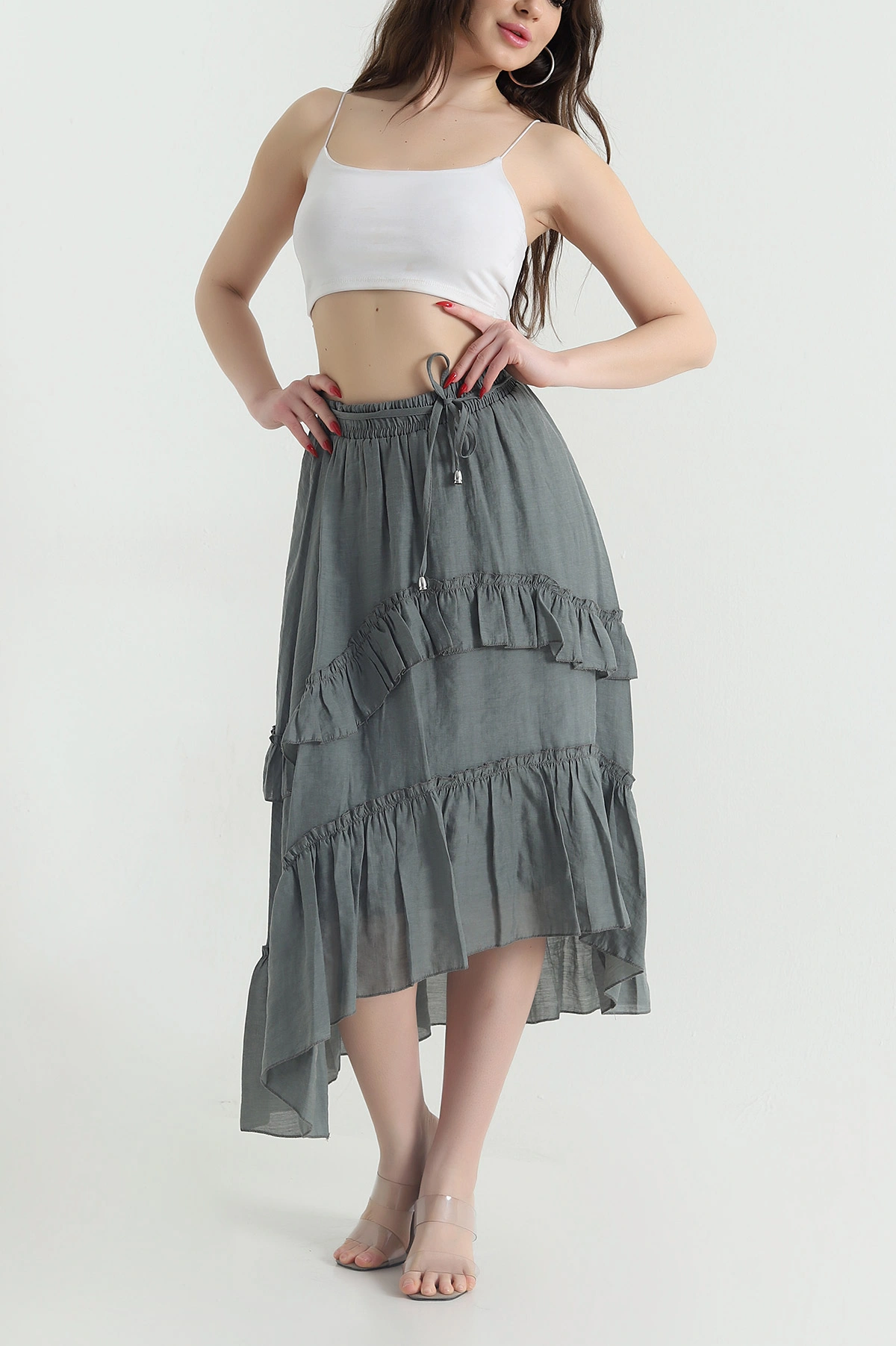 Haki Volanlı Tencel Kadın Etek 443046