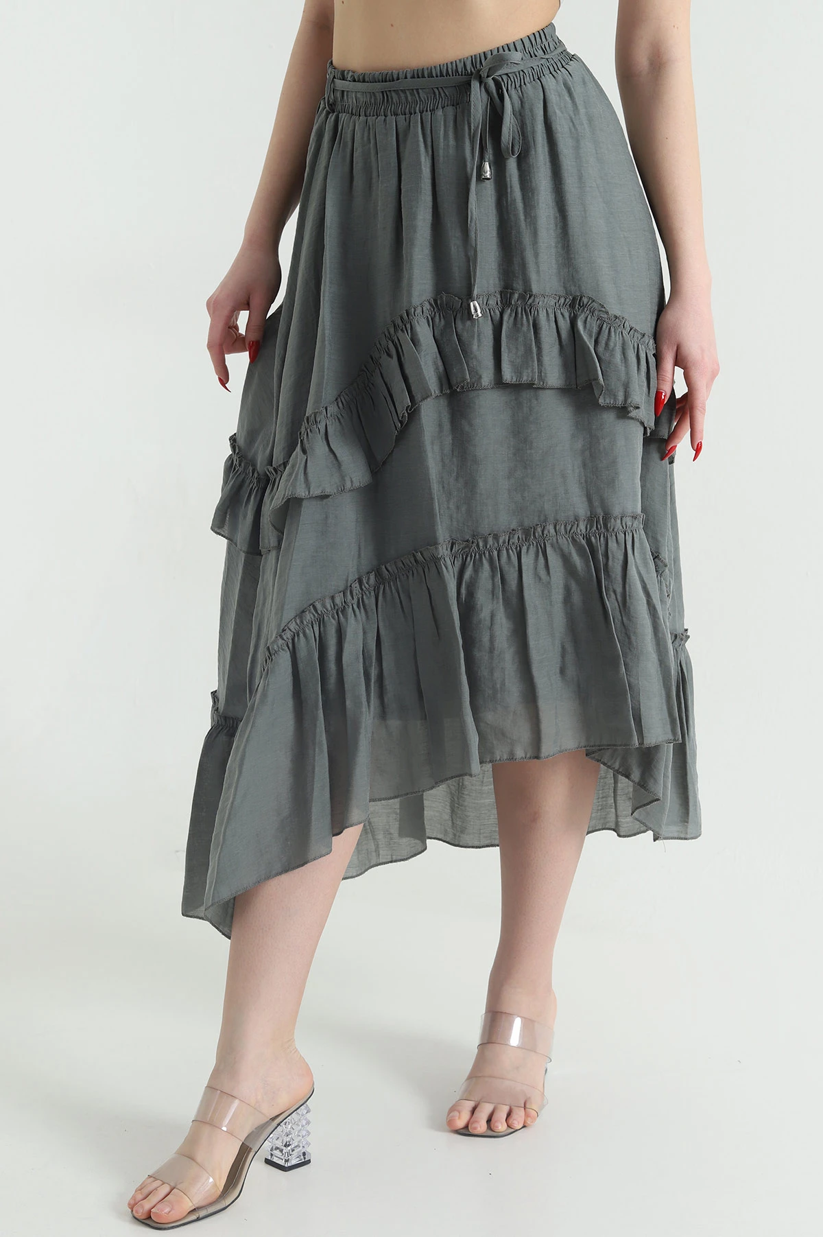 Haki Volanlı Tencel Kadın Etek 443046