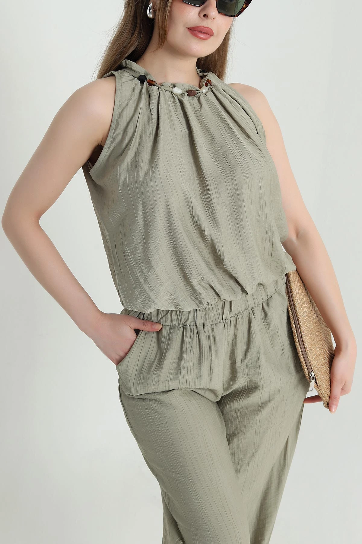 Haki Yaka Boncuklu Çilek Kadın İkili Takım 469715