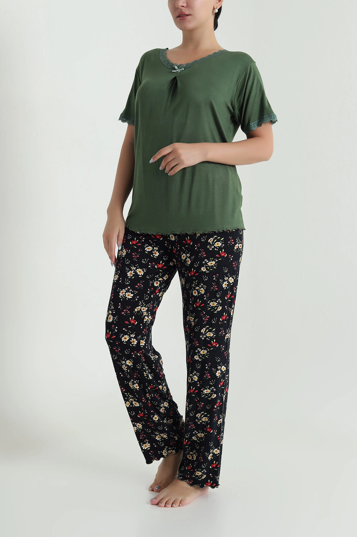 Haki Yakası Dantelli Ring Viskon Kadın Pijama Takımı 479547