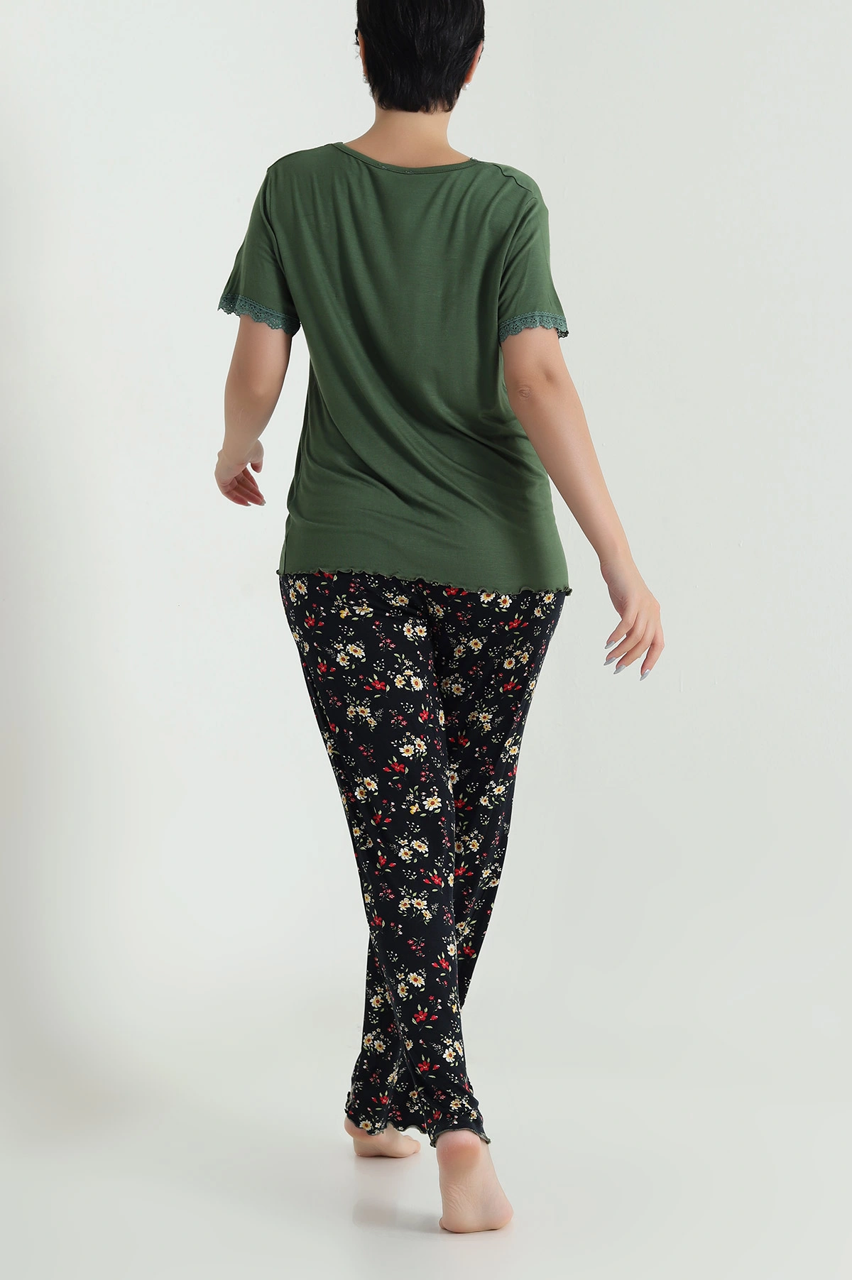 Haki Yakası Dantelli Ring Viskon Kadın Pijama Takımı 479547