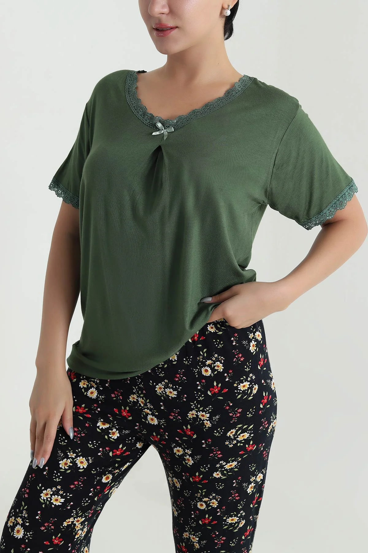 Haki Yakası Dantelli Ring Viskon Kadın Pijama Takımı 479547