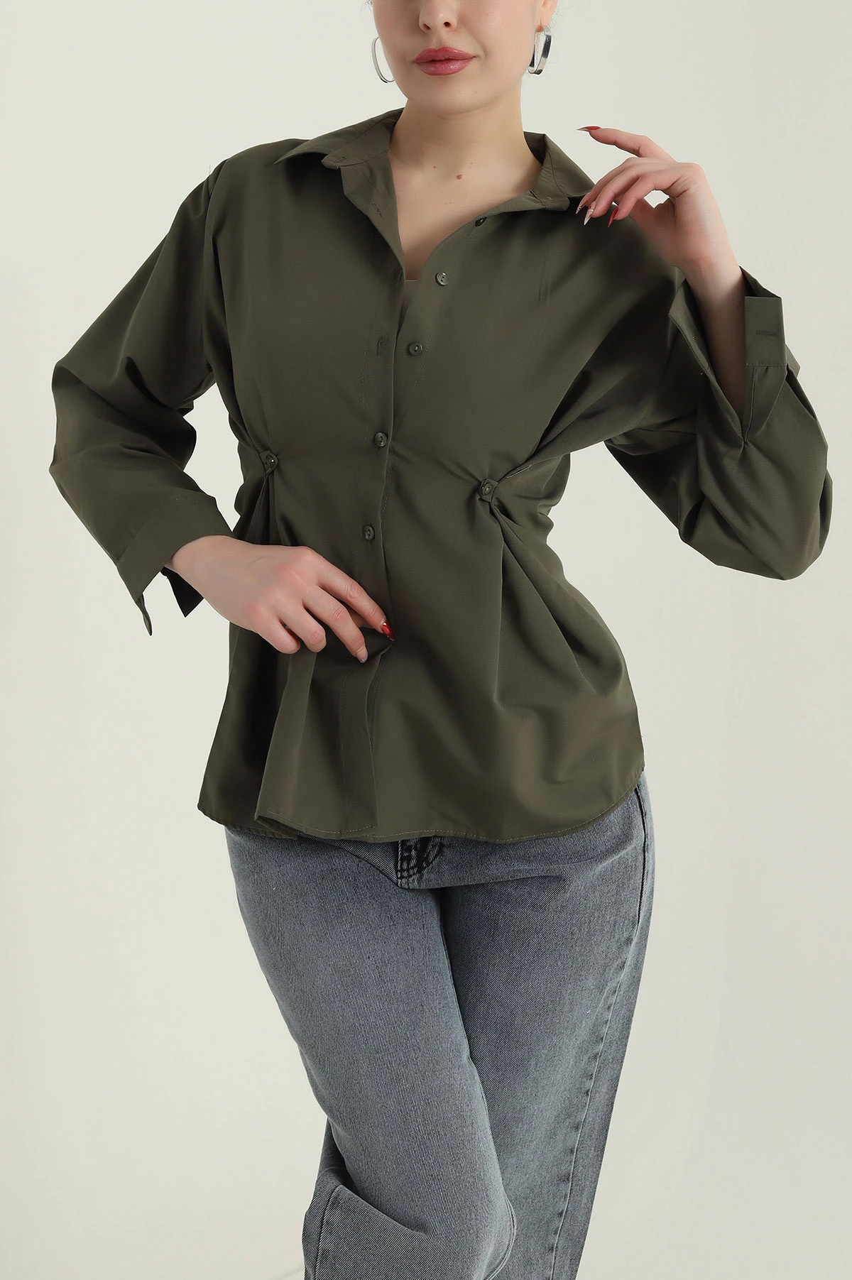 Haki Yan Düğmeli Poplin Kadın Gömlek 428458