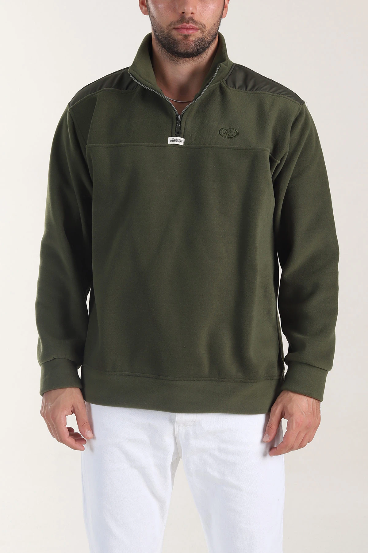 Haki Yarım Fermuarlı Nakış Detaylı Dik Yaka Polar Kumaş Erkek Sweatshirt 404237