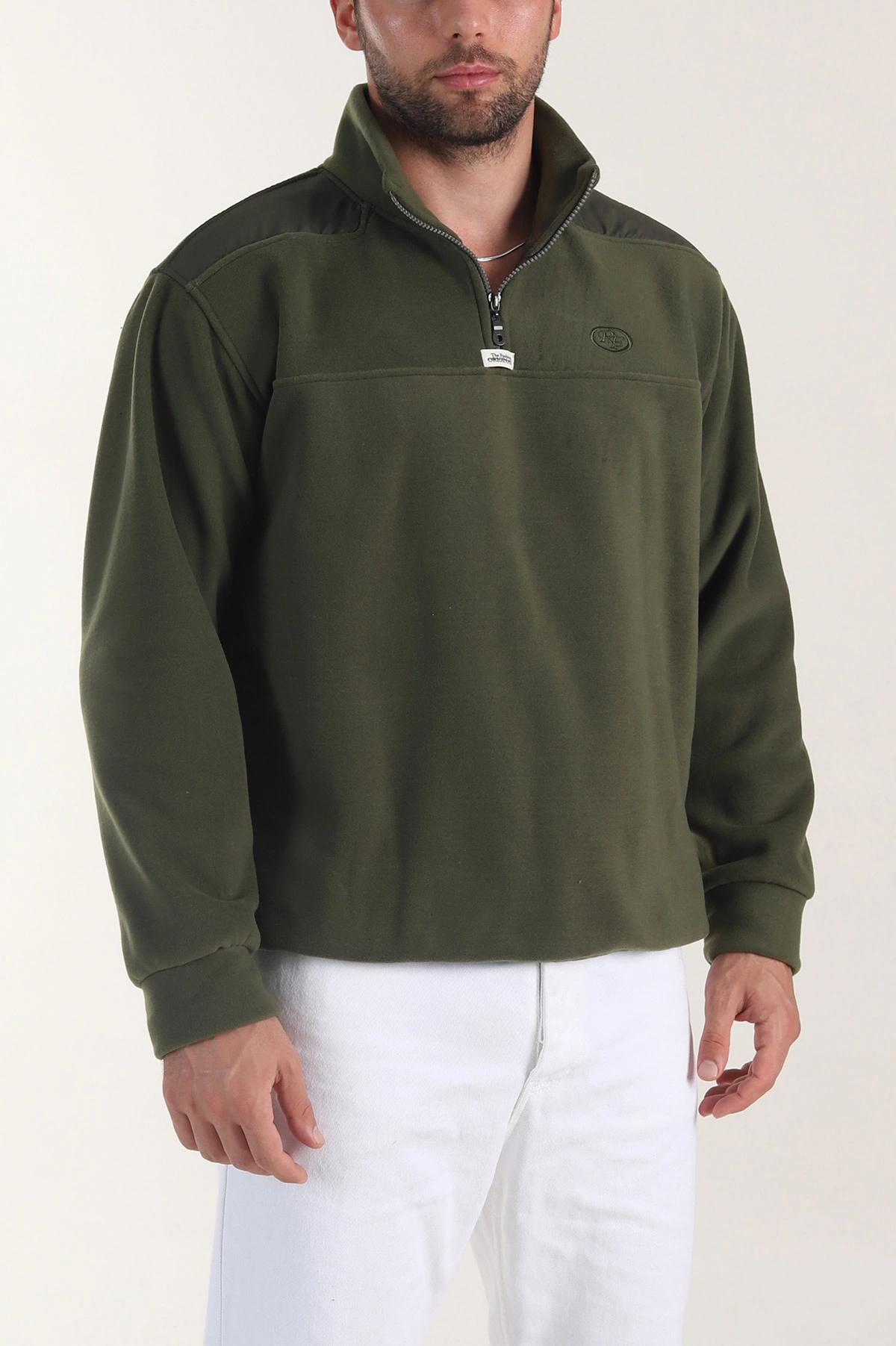 Haki Yarım Fermuarlı Nakış Detaylı Dik Yaka Polar Kumaş Erkek Sweatshirt 404237