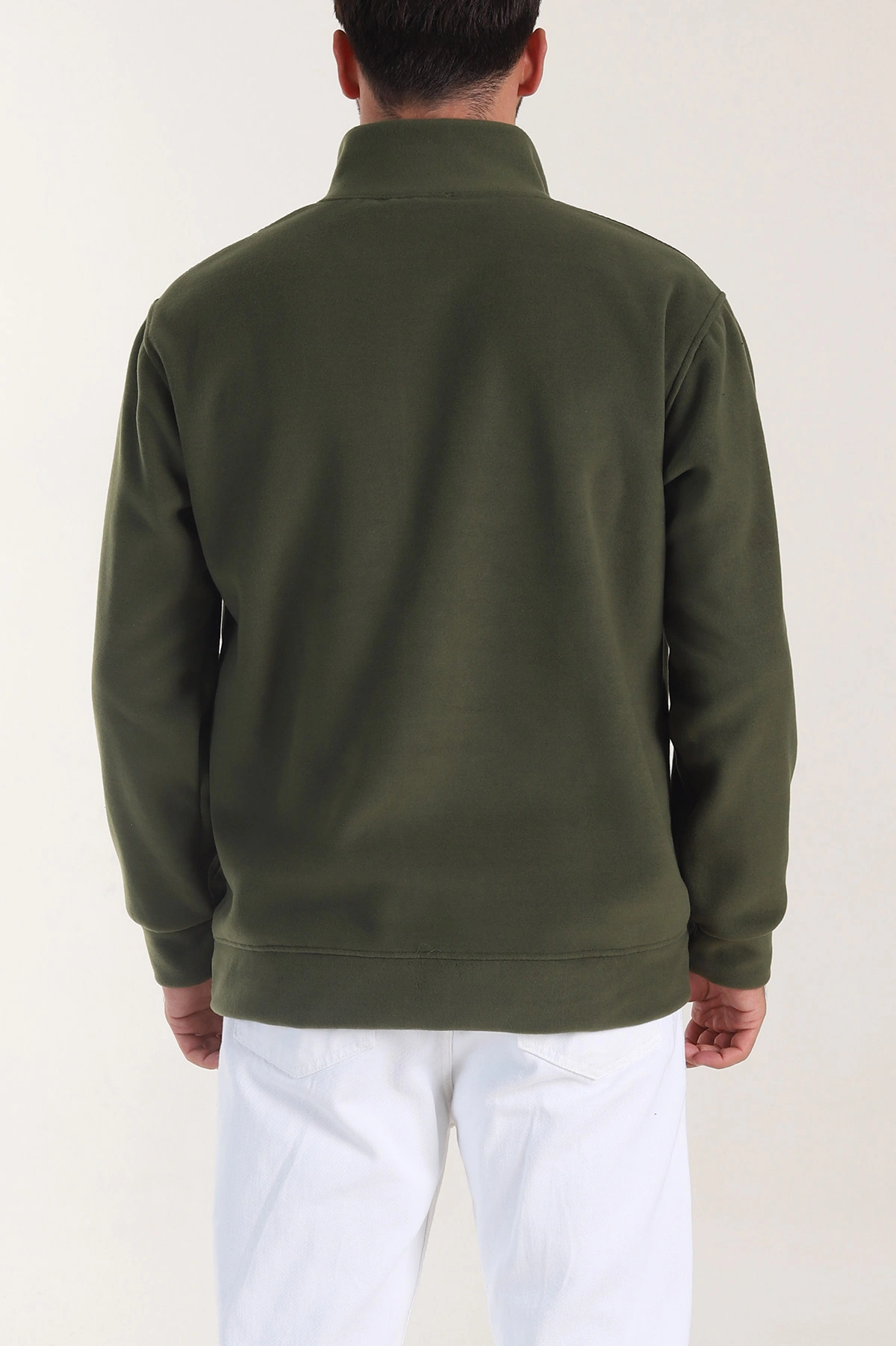 Haki Yarım Fermuarlı Nakış Detaylı Dik Yaka Polar Kumaş Erkek Sweatshirt 404237