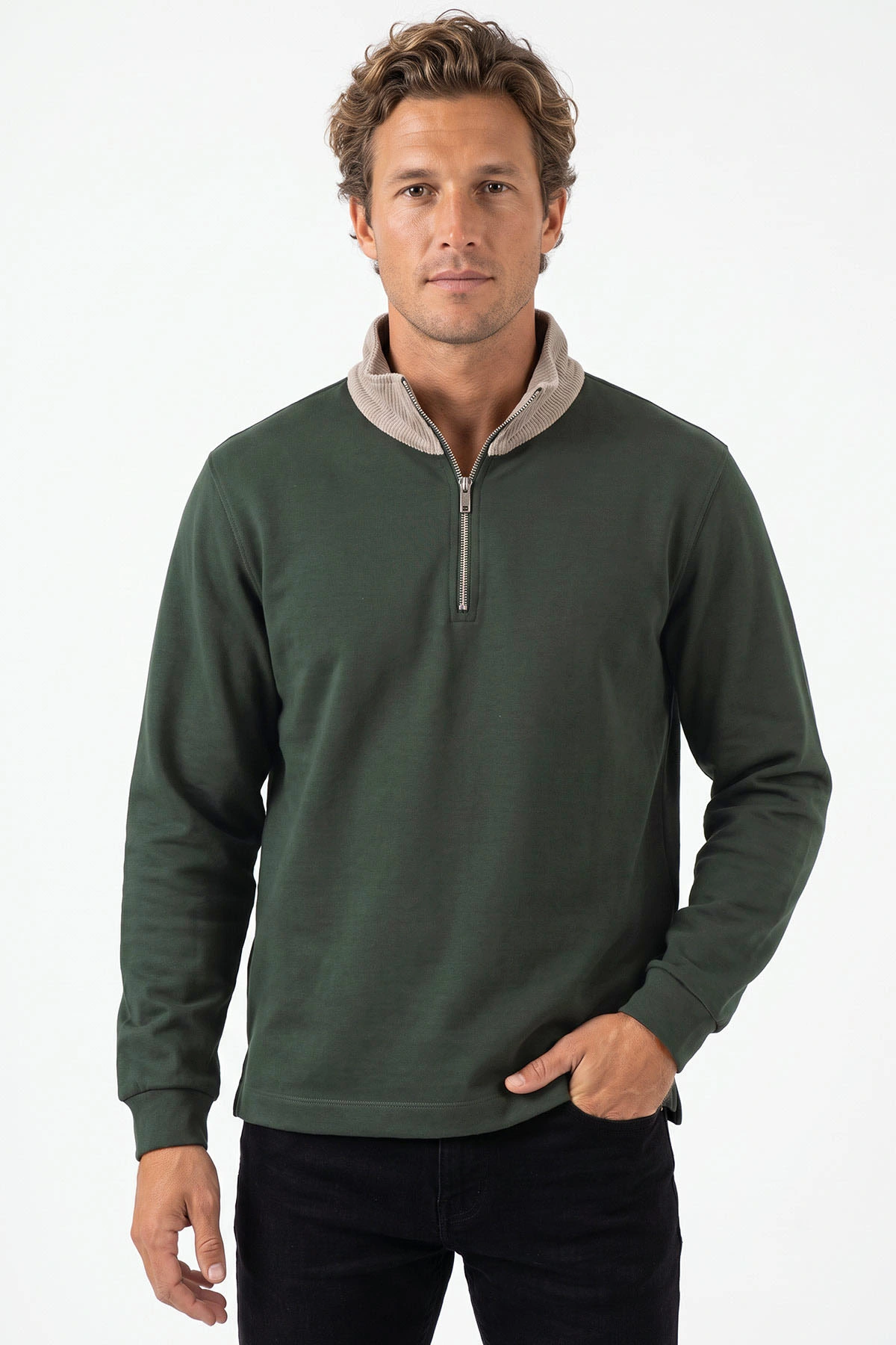 Haki Yeni Sezon Yarım Fermuarlı Erkek Sweatshirt 501126
