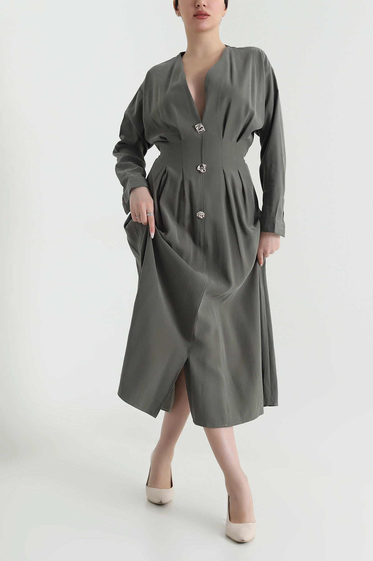 Haki Yırtmaçlı Tencel Kadın Elbise 449037