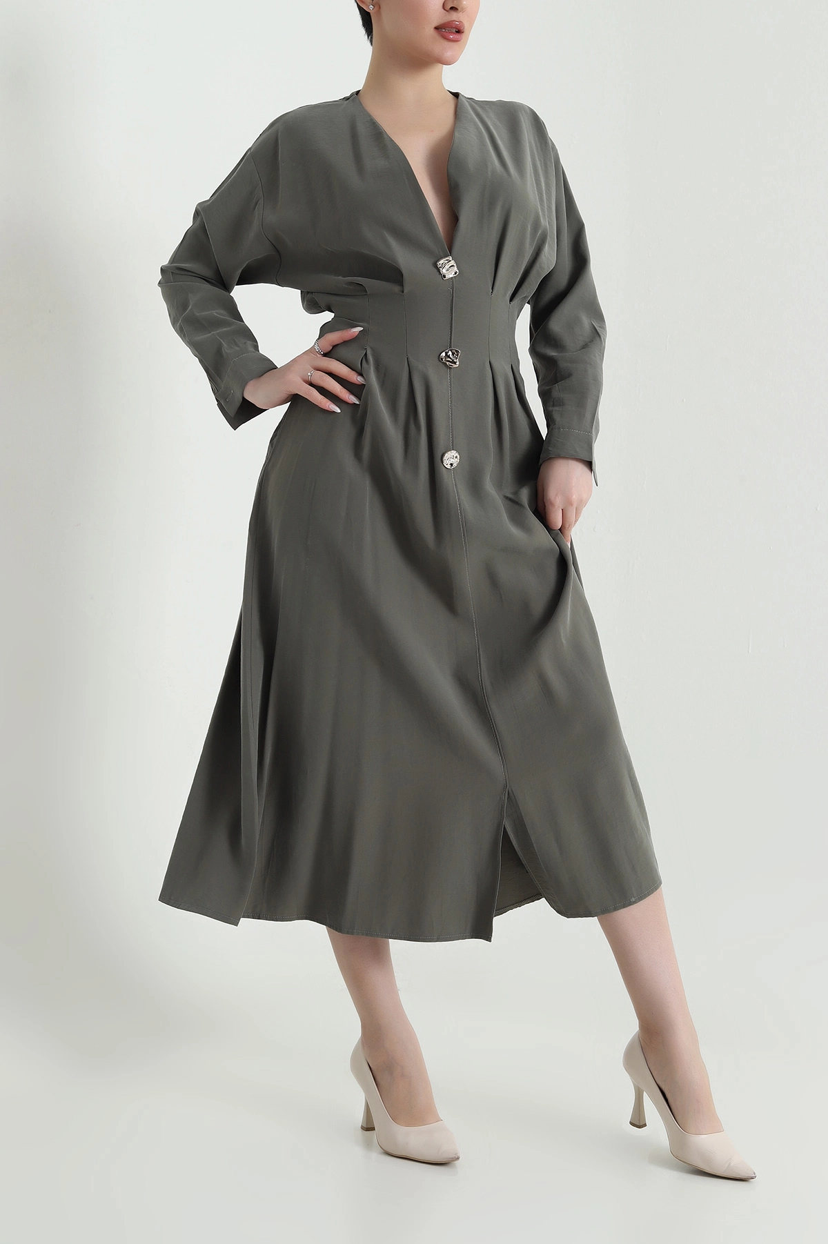Haki Yırtmaçlı Tencel Kadın Elbise 449037