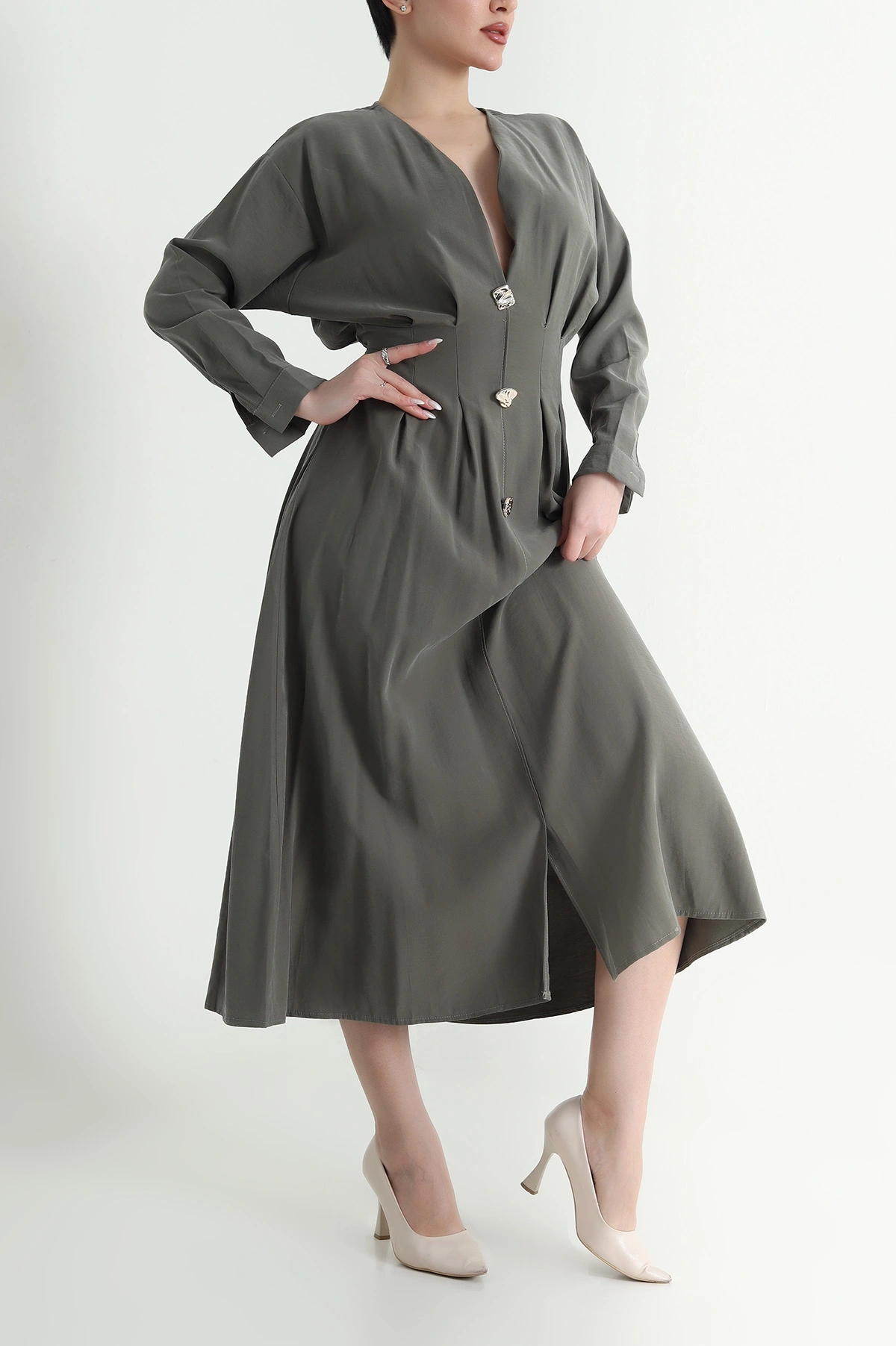 Haki Yırtmaçlı Tencel Kadın Elbise 449037
