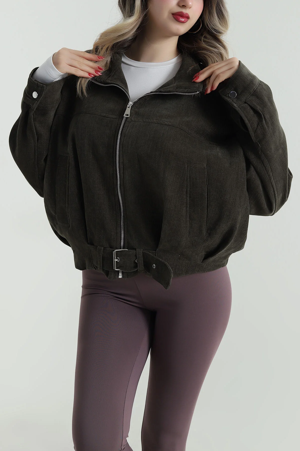 Haki Yüksek Yaka Denim Modal Kadın Mont 499350