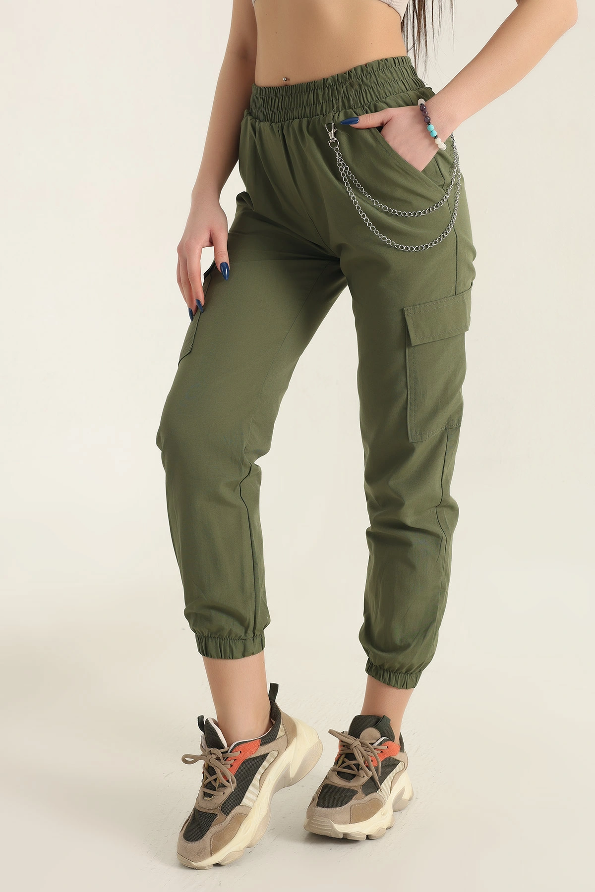 Haki Zincirli Kargo Cep Jogger Kadın Keten Pantolon 337686