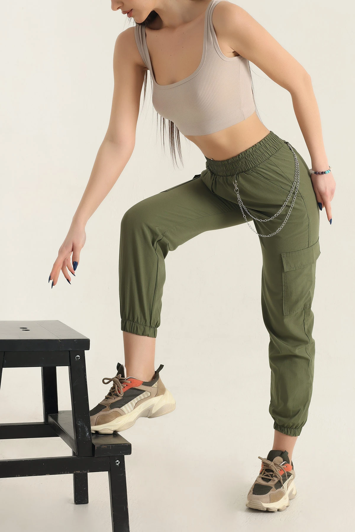 Haki Zincirli Kargo Cep Jogger Kadın Keten Pantolon 337686