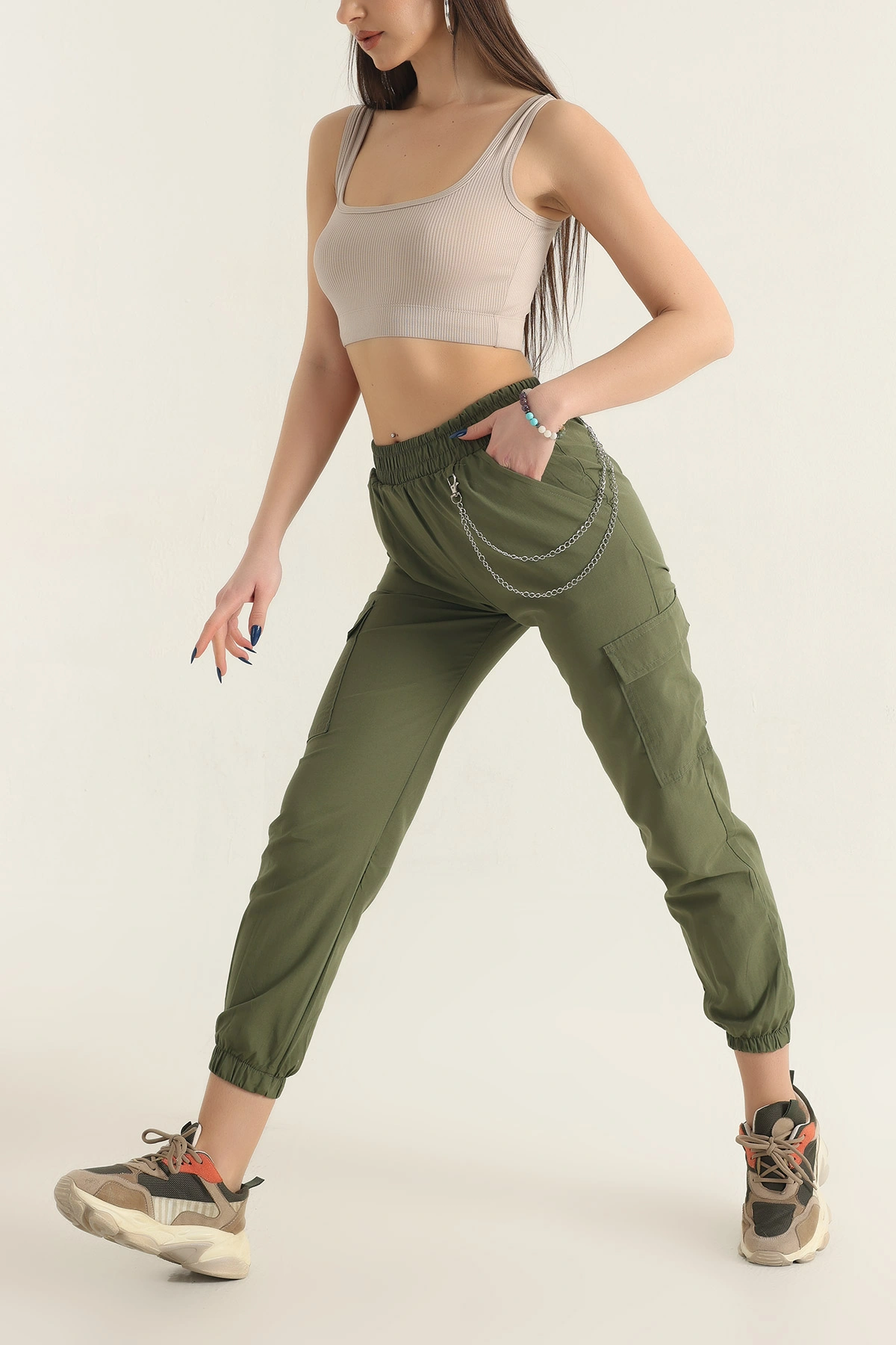Haki Zincirli Kargo Cep Jogger Kadın Keten Pantolon 337686