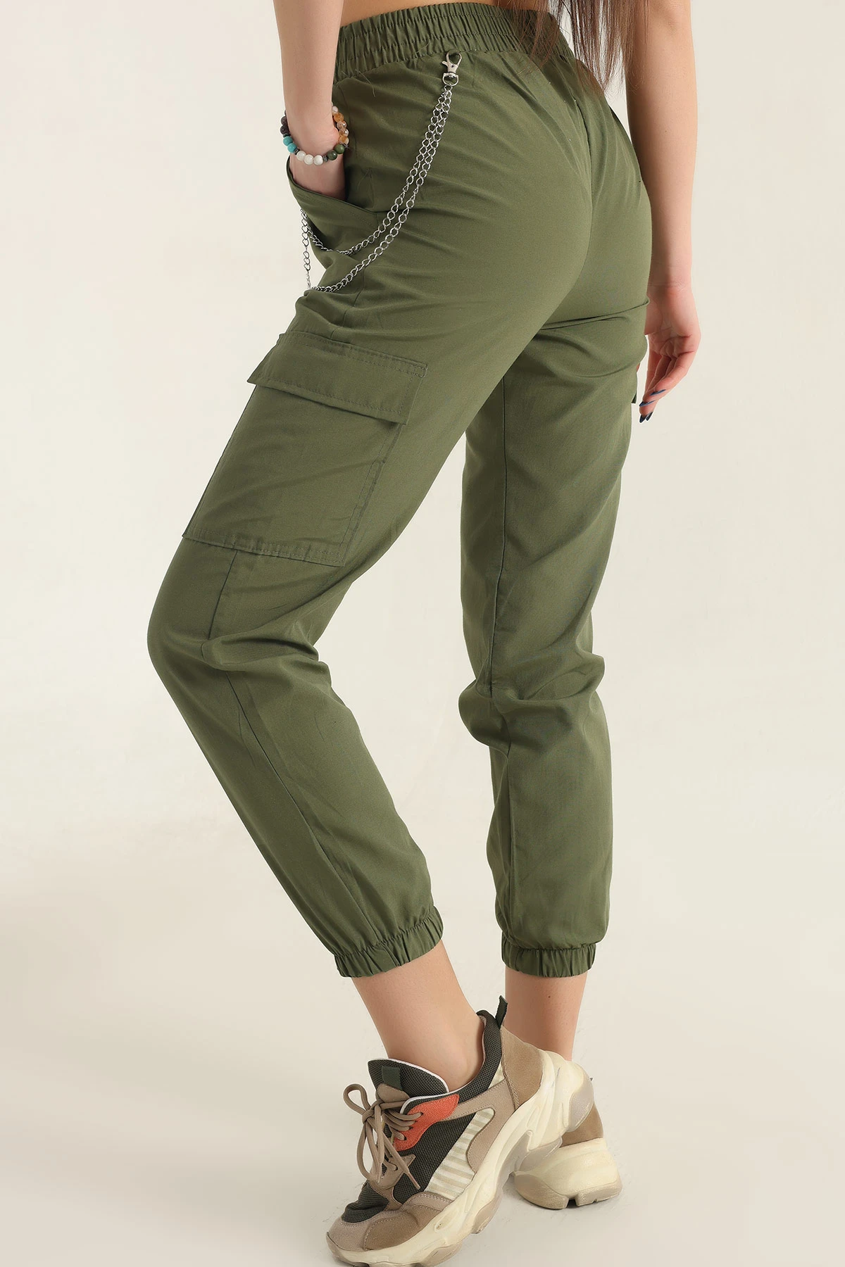 Haki Zincirli Kargo Cep Jogger Kadın Keten Pantolon 337686