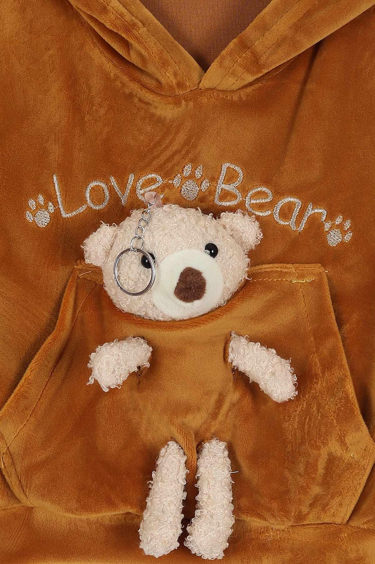 Hardal (1-4 Yaş) Ayı Oyuncaklı Love Nakışlı Kadife İkili Kız Çocuk Takım 216897