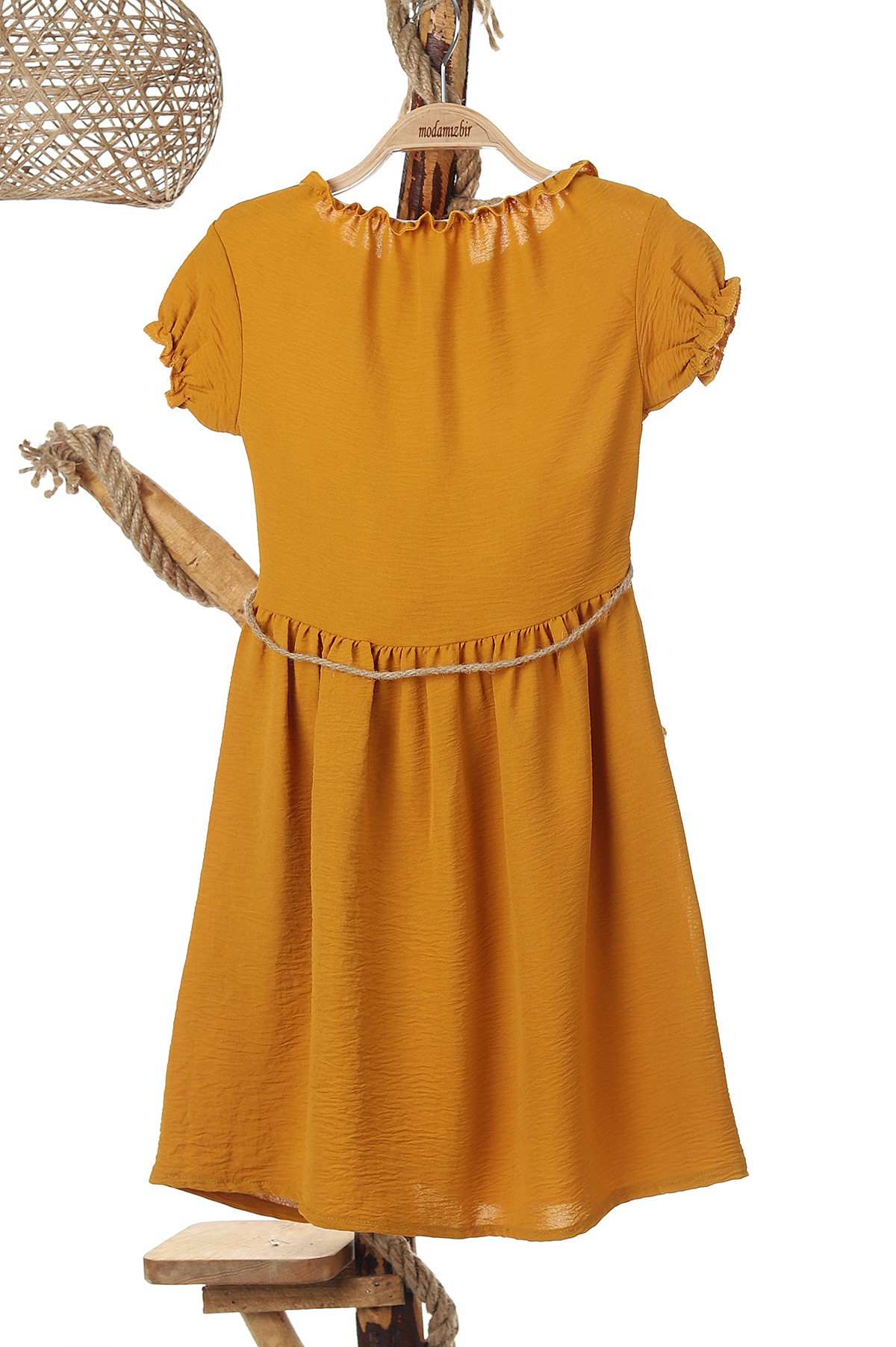 Hardal (6-10 Yaş) Cep Şeritli Boyun Kol Lastikli Bel Bağlamalı Kız Çocuk Elbise 165437