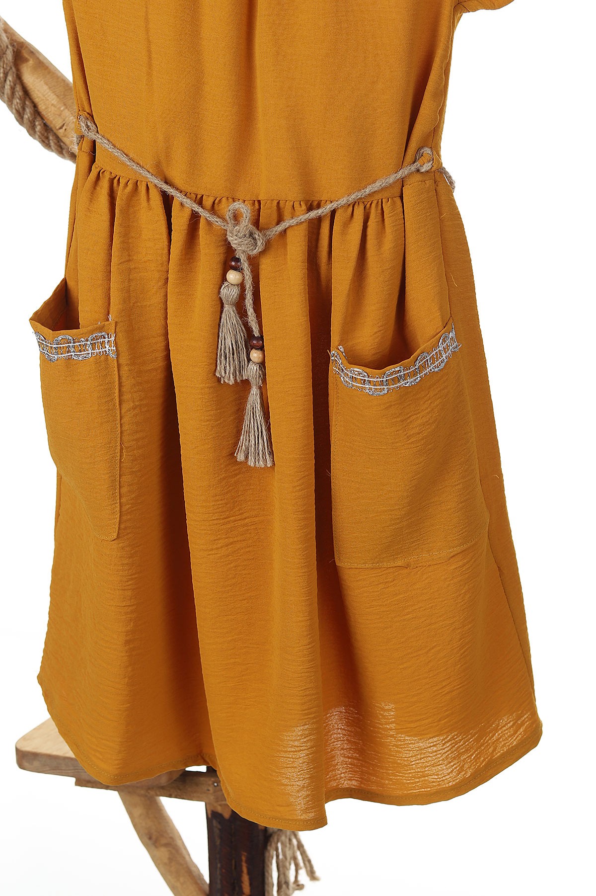 Hardal (6-10 Yaş) Cep Şeritli Boyun Kol Lastikli Bel Bağlamalı Kız Çocuk Elbise 165437