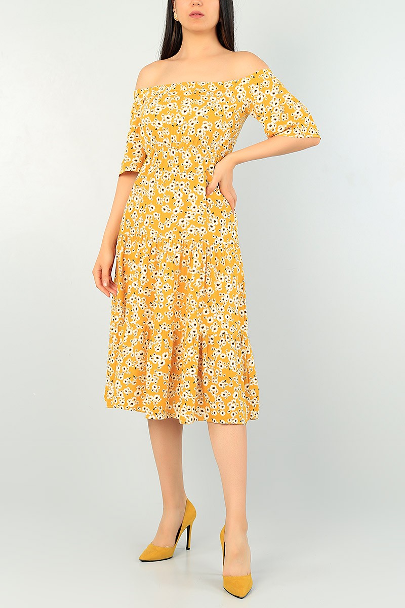 Hardal Beli Lastikli Dokuma Elbise 70143