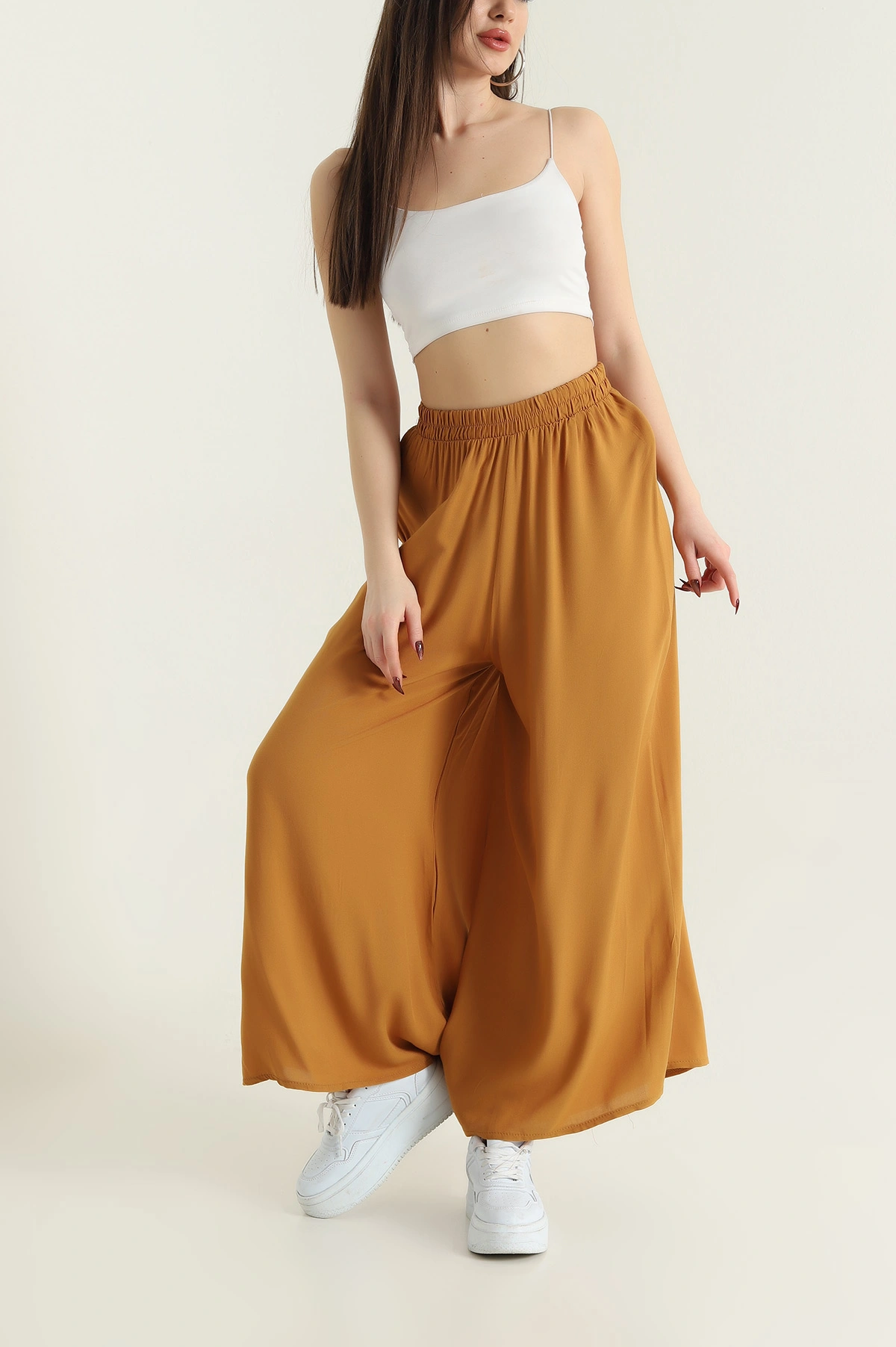 Hardal Beli Lastikli Şalvar Dokuma Kadın Pantolon 430046