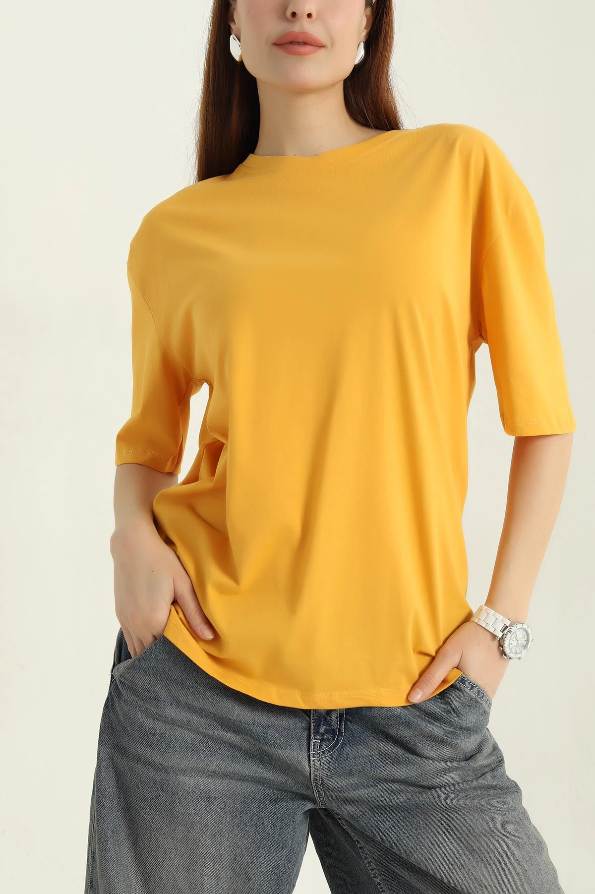 Hardal Bisiklet Yaka Oversize Süprem Kadın Tişört 364752