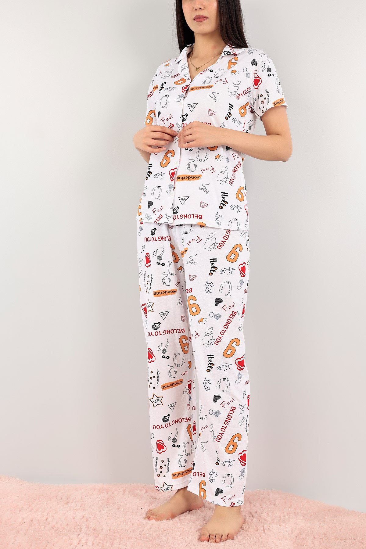 Hardal Düğmeli Desenli Bayan Pijama Takımı 110198