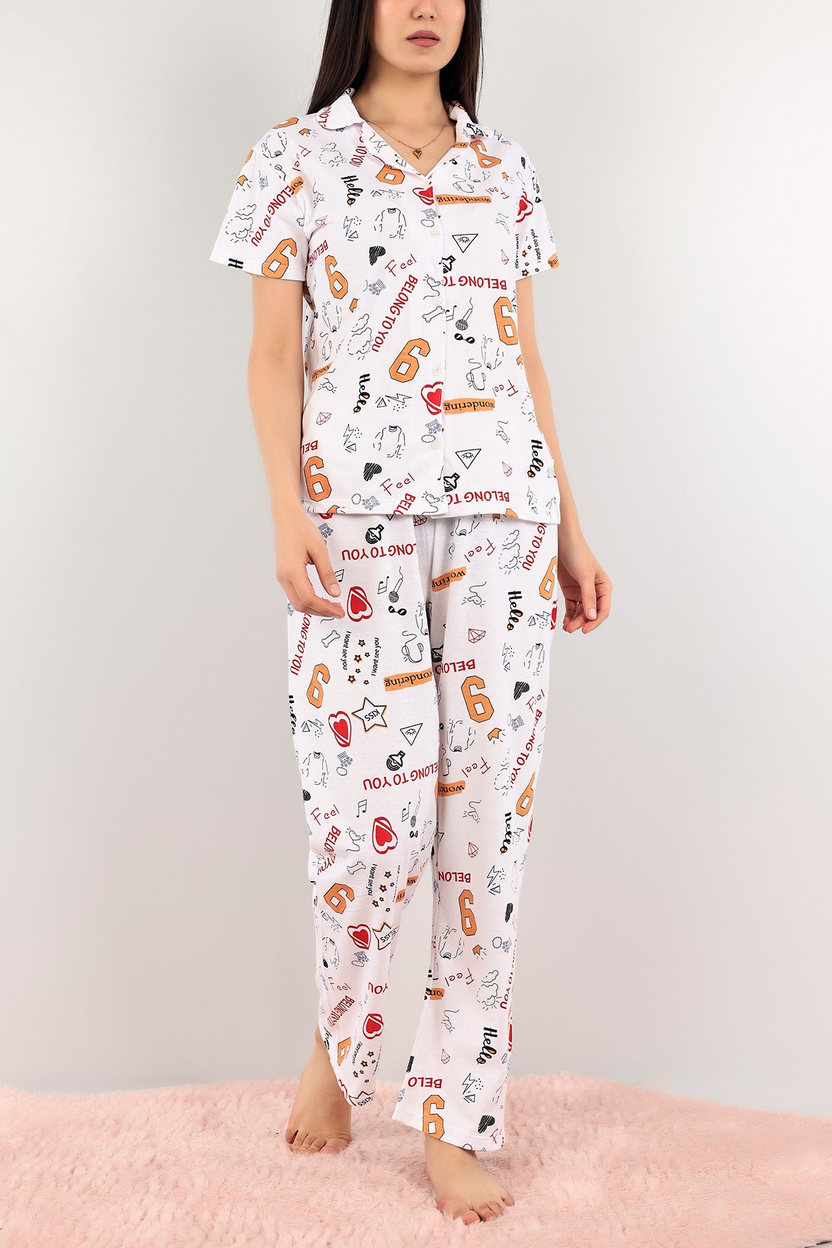 Hardal Düğmeli Desenli Bayan Pijama Takımı 110198