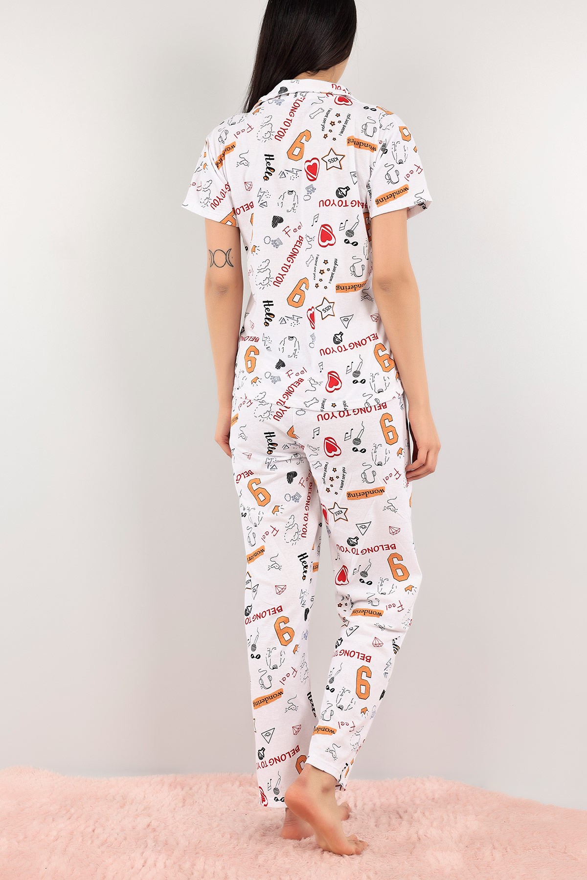 Hardal Düğmeli Desenli Bayan Pijama Takımı 110198