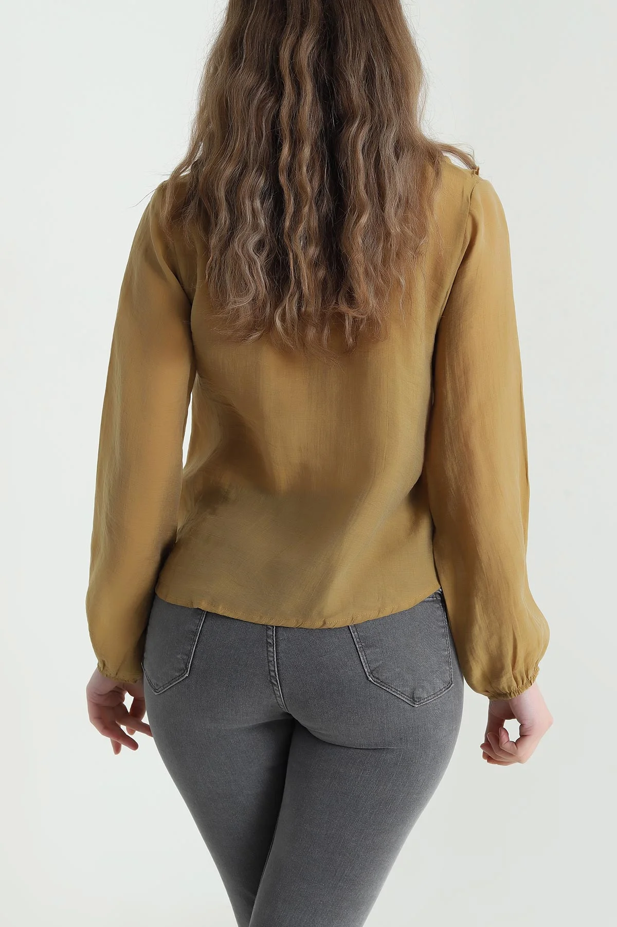 Hardal Fırfırlı Tencel Kadın Gömlek 447696
