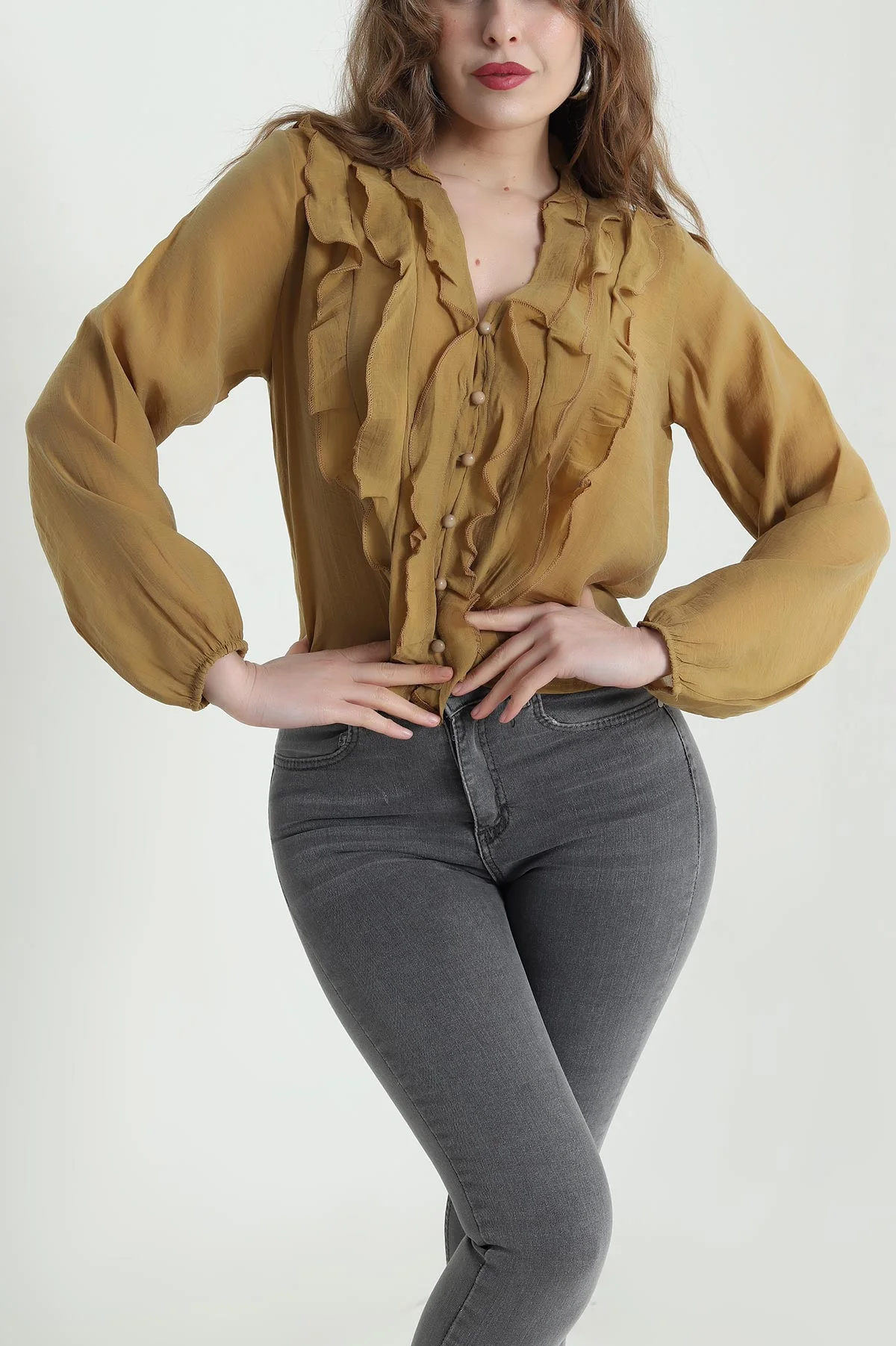 Hardal Fırfırlı Tencel Kadın Gömlek 447696