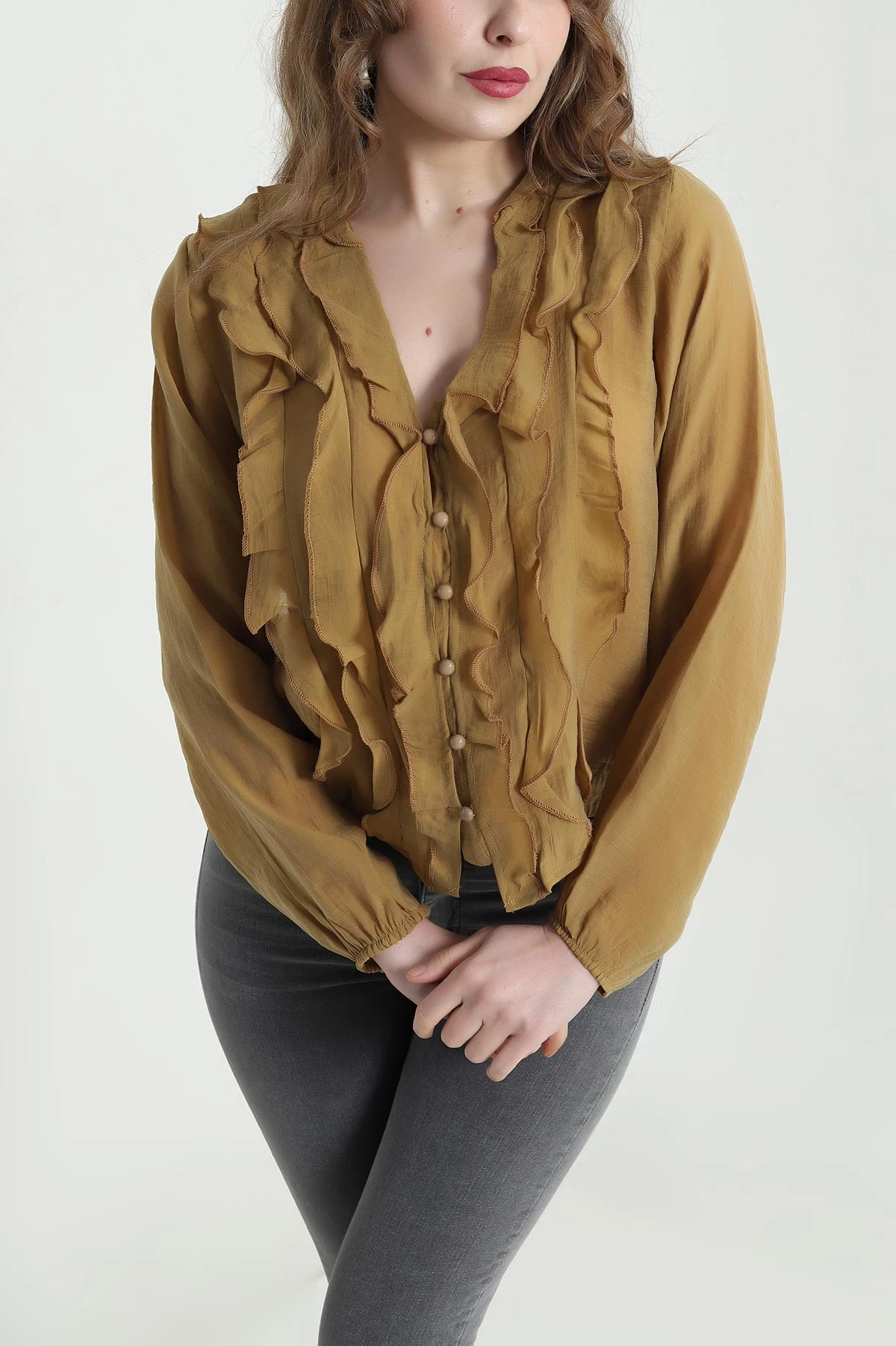 Hardal Fırfırlı Tencel Kadın Gömlek 447696