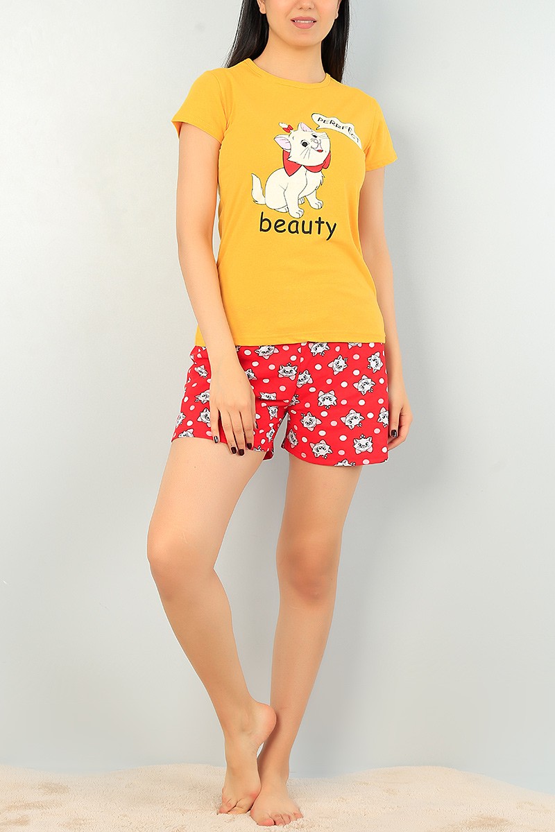 Hardal Kırmızı Baskılı Bayan Pijama Takımı 68270