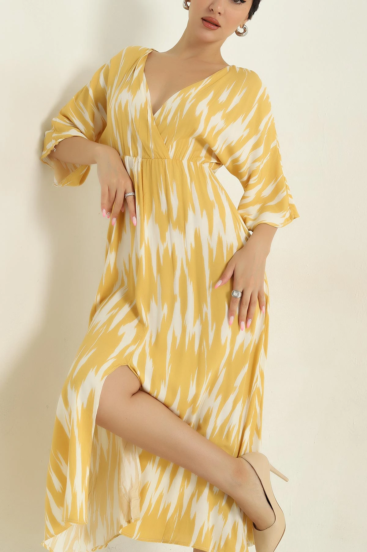 Hardal Kruvaze Yaka Yırtmaçlı Dokuma Viskon Kadın Elbise 373937