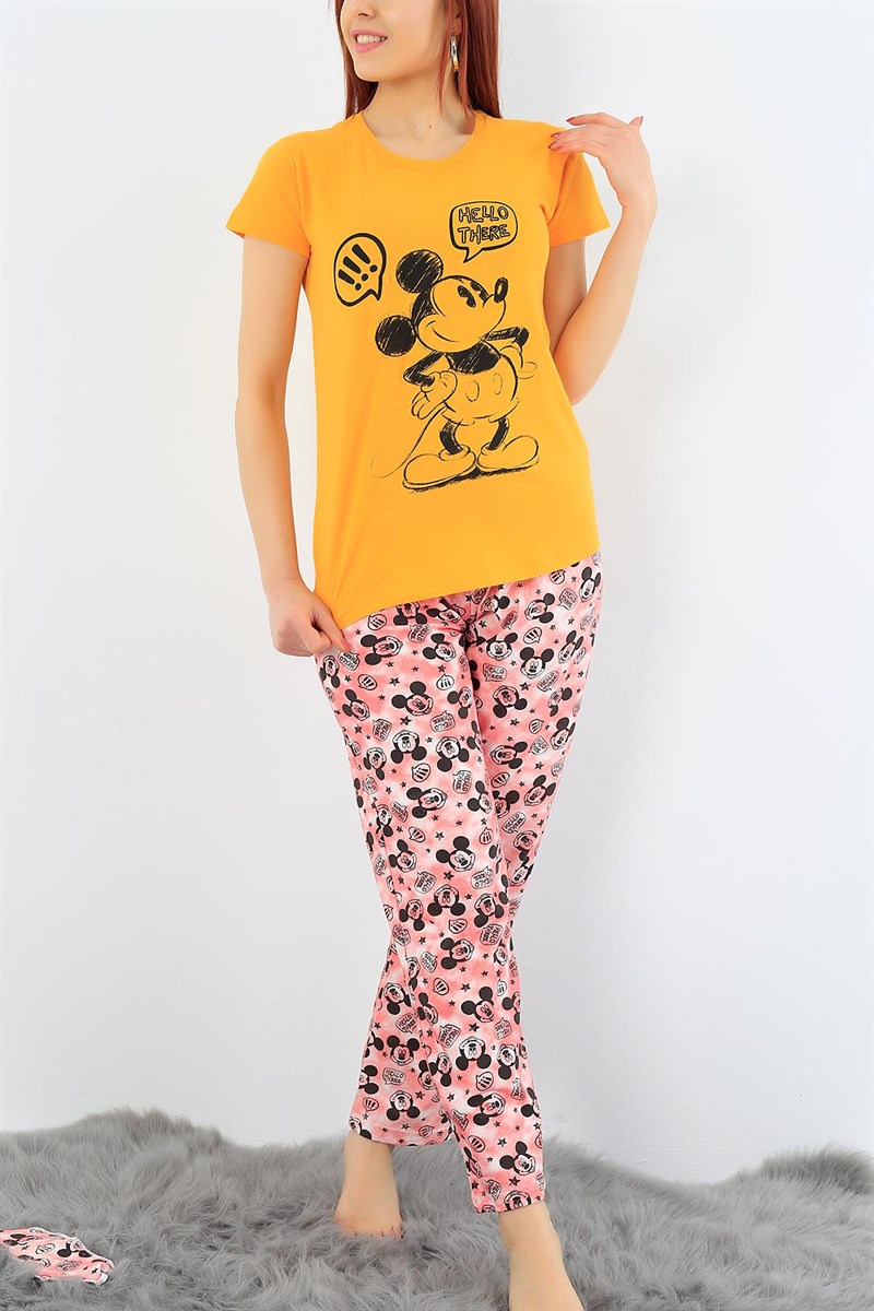 Hardal Mickey Baskılı Bayan Pijama Takımı 31388