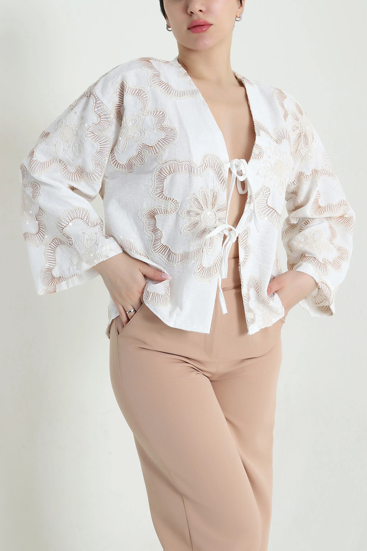 Hardal Nakışlı Pullu Müslin Kadın Kimono 461510