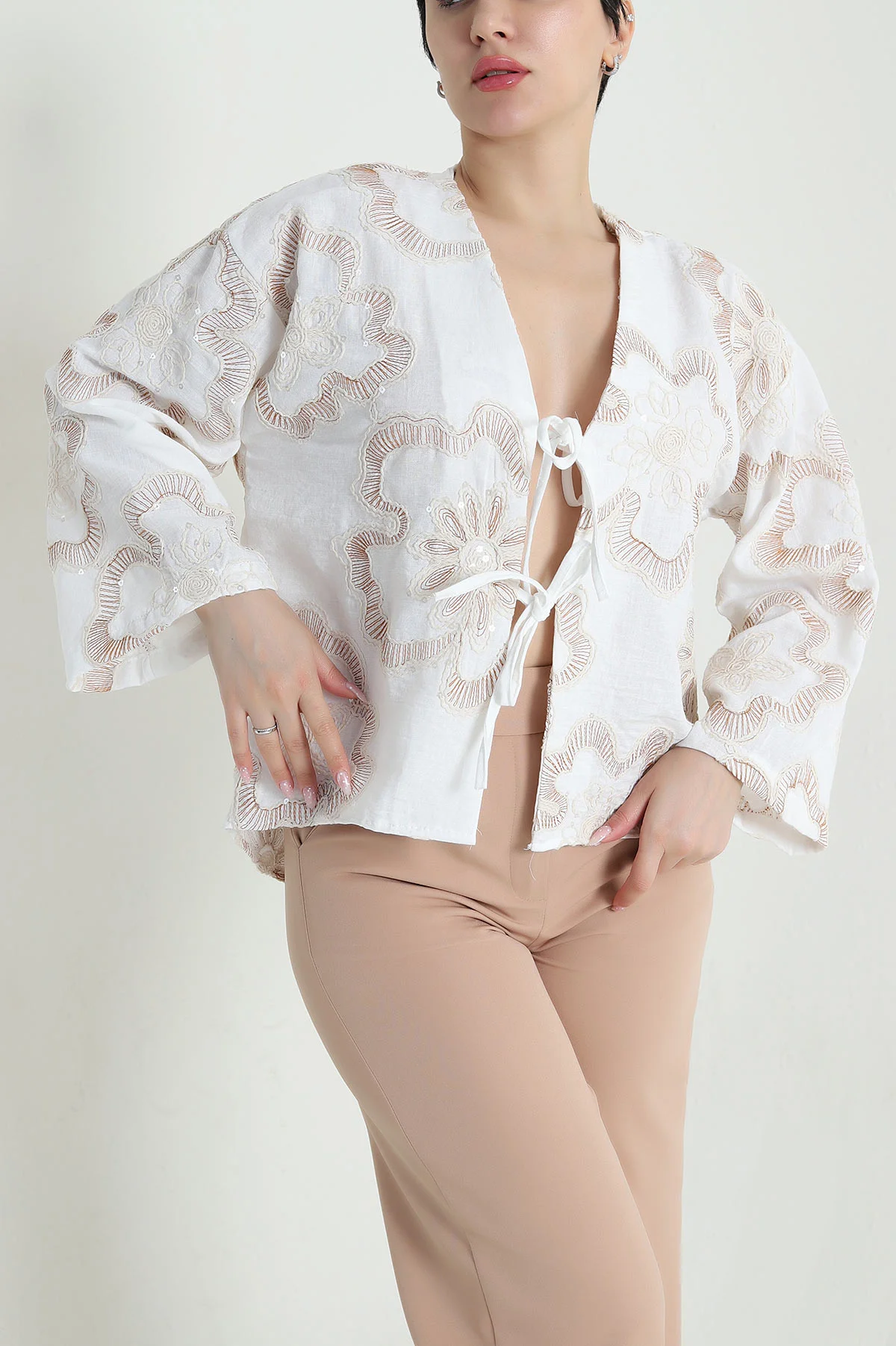 Hardal Nakışlı Pullu Müslin Kadın Kimono 461510